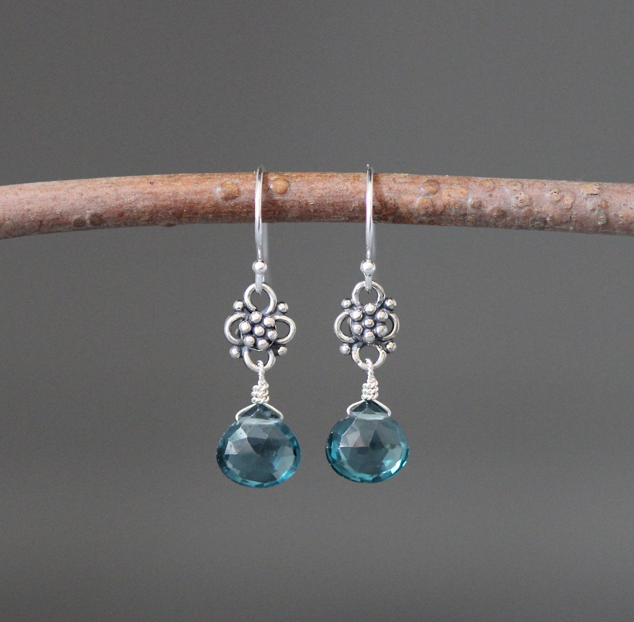 London Blue Topaz Quartz Teardrop Dangle Earrings on Bali Silver Links