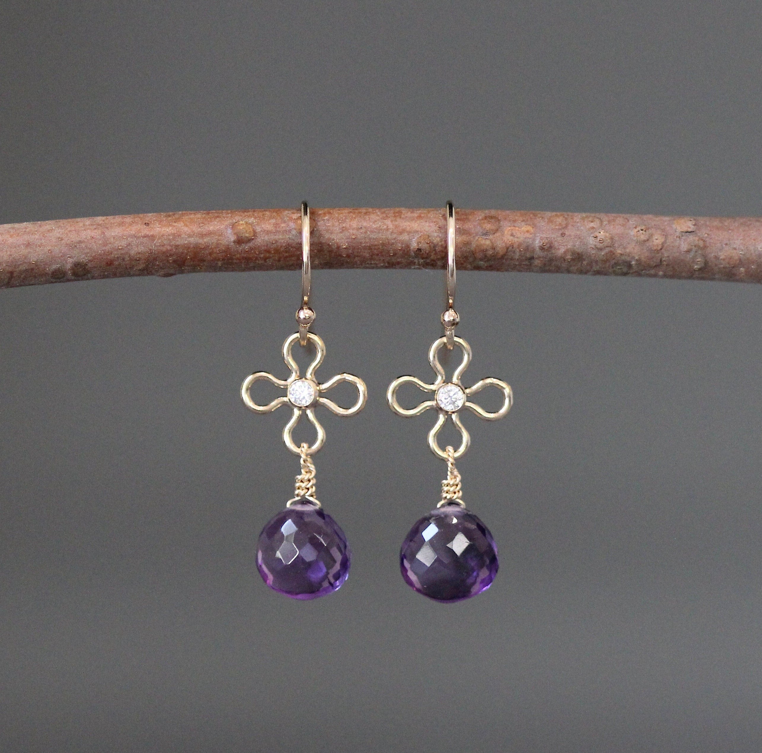 Amethyst Teardrop Earrings on Gold Filled Cubic Zirconia Flower Links