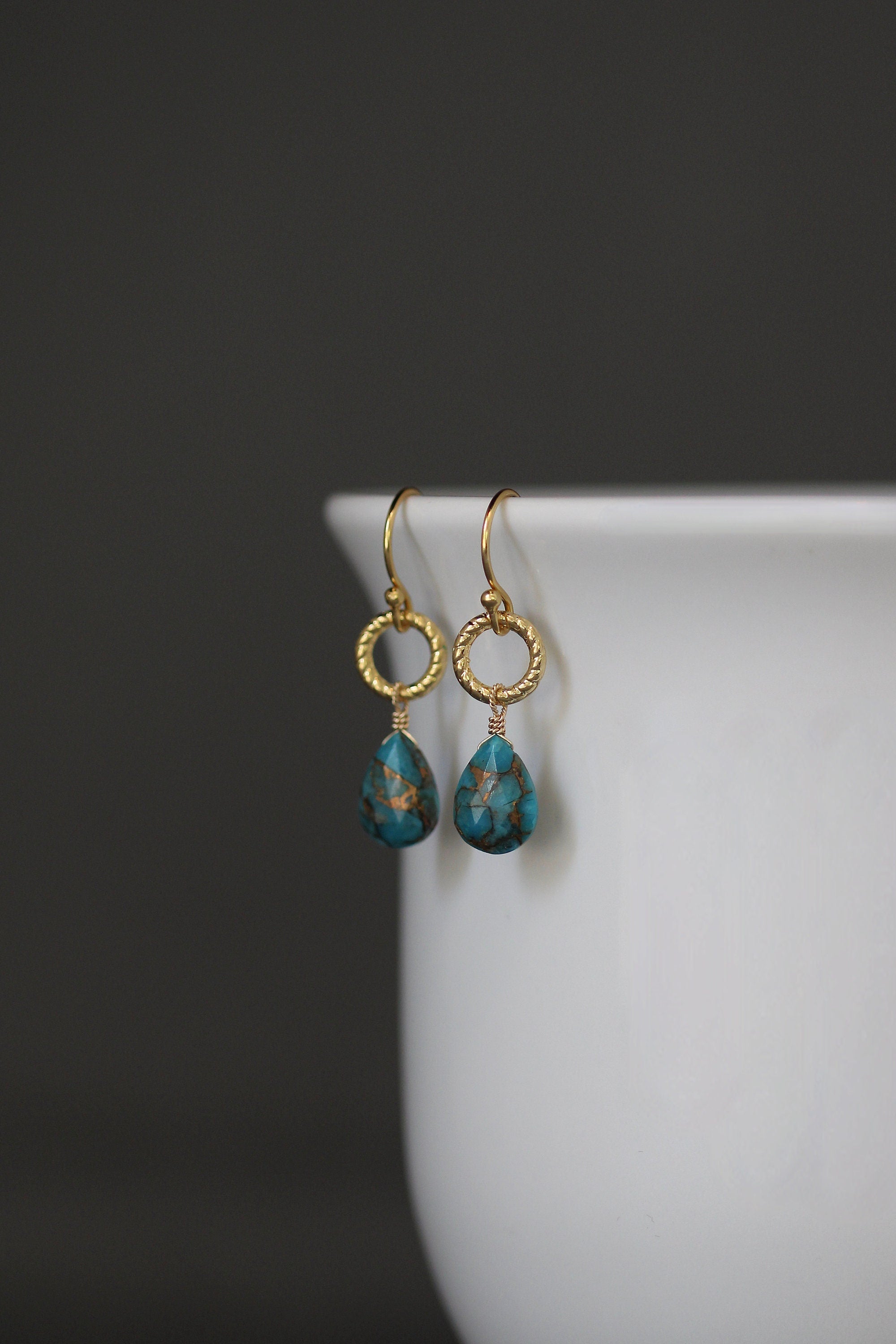 Blue Copper Turquoise Teardrop Earrings on Gold Vermeil Links