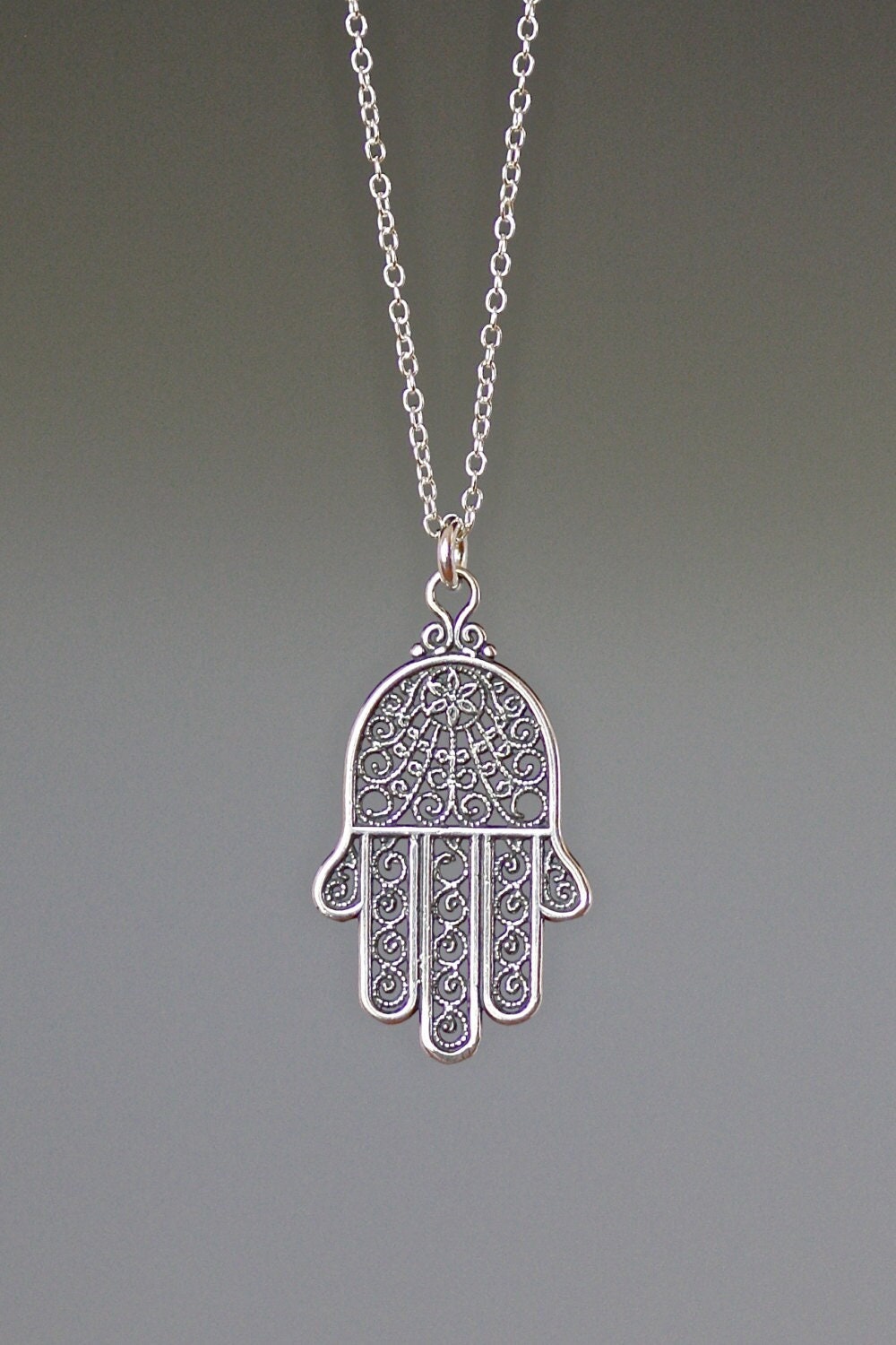 Sterling Silver Bali Filigree Hamsa Pendant Necklace