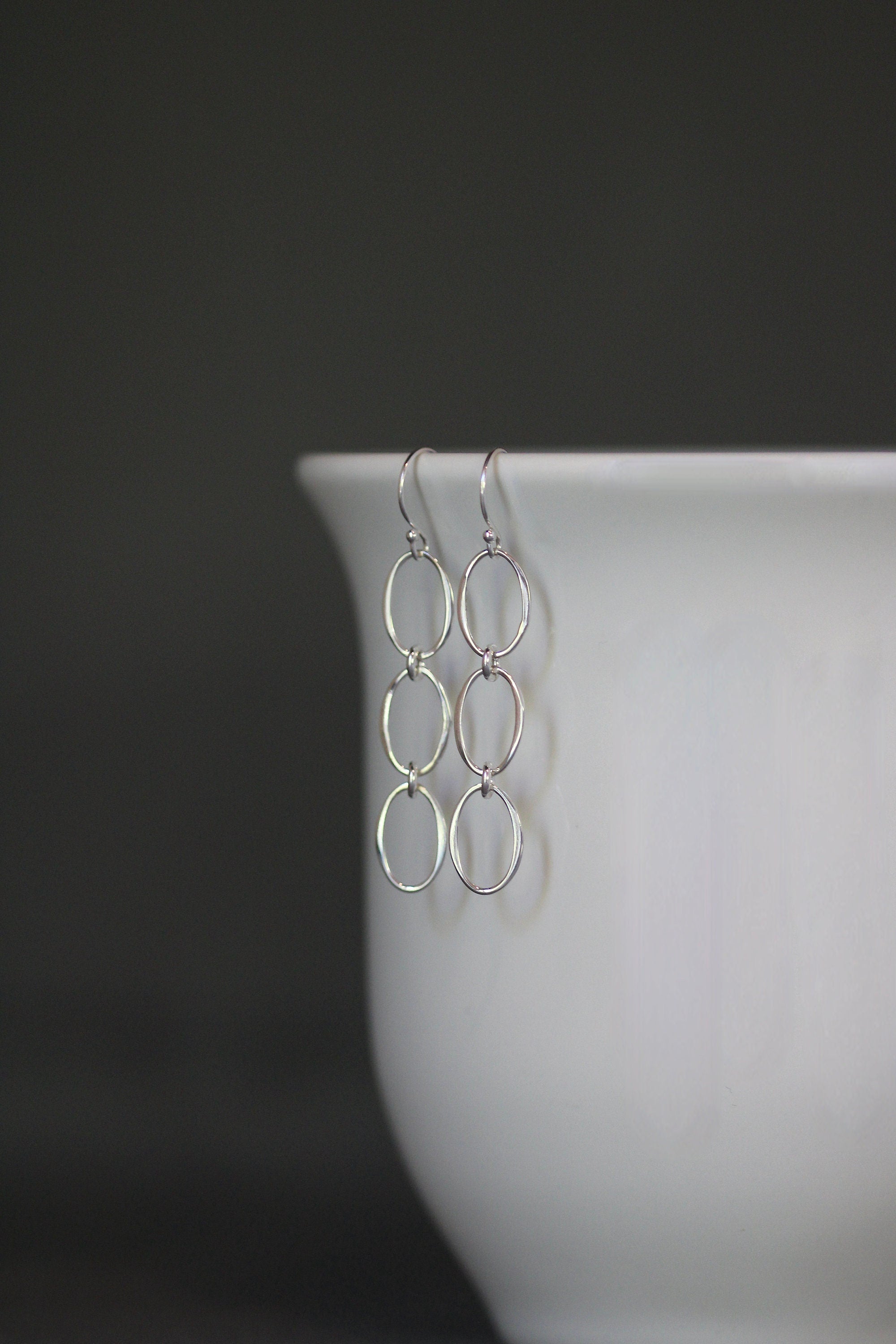 Triple-Link Sterling Silver Oval Ring Dangle Earrings