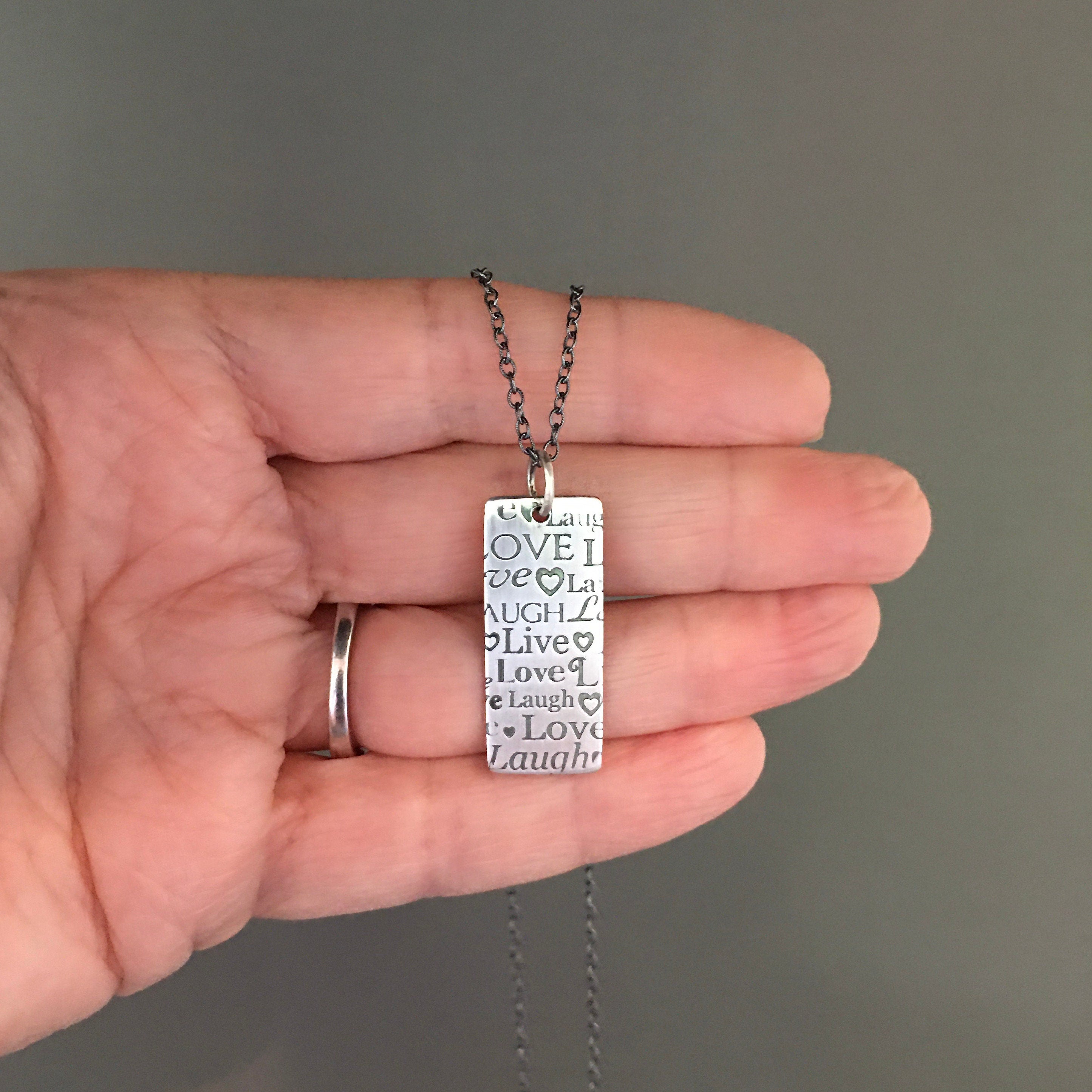Live Love Laugh Stamped Sterling Silver Pendant Necklace on Blackened Chain