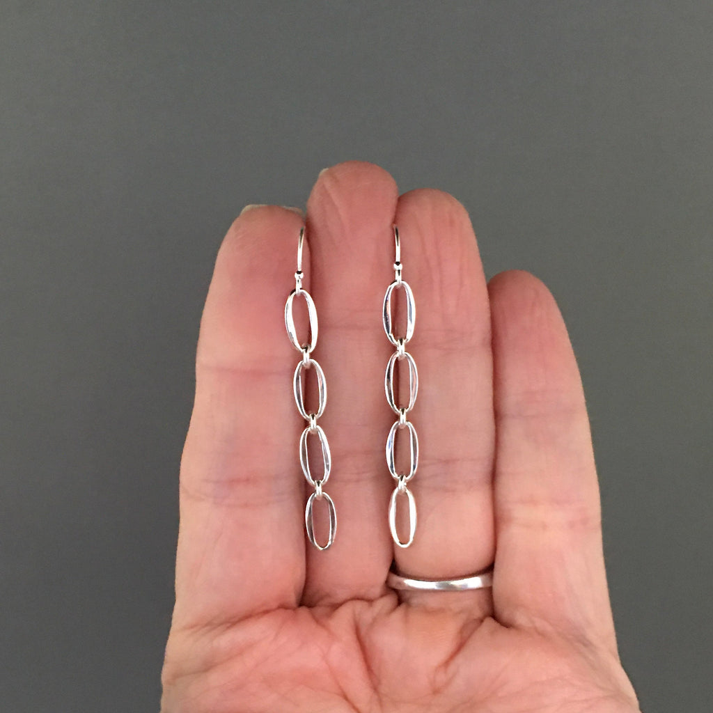 Four Linked Sterling Silver Oval Ring Drop Earrings