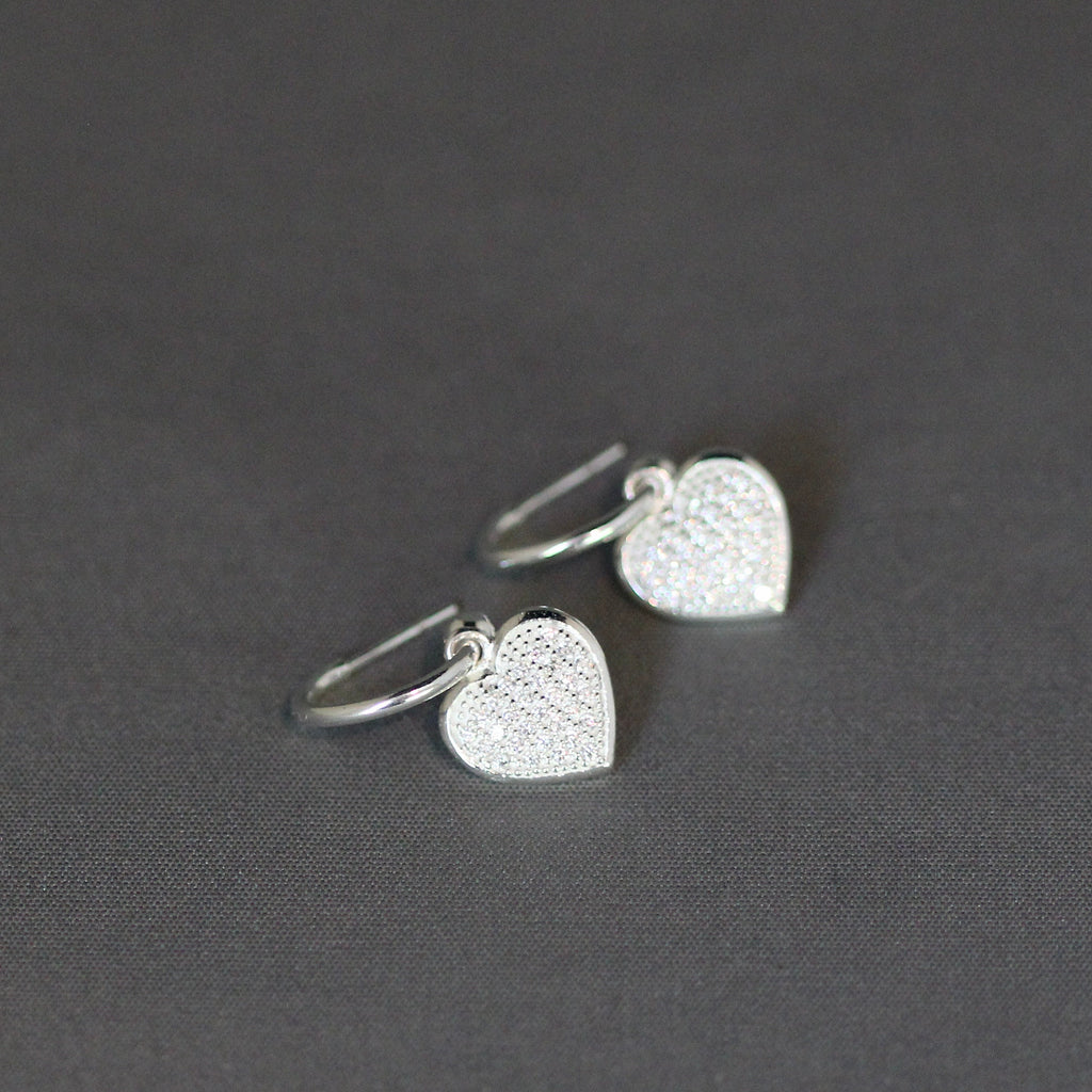 Cubic Zirconia Pave Heart Charm Earrings on Sterling Silver Post Hoops