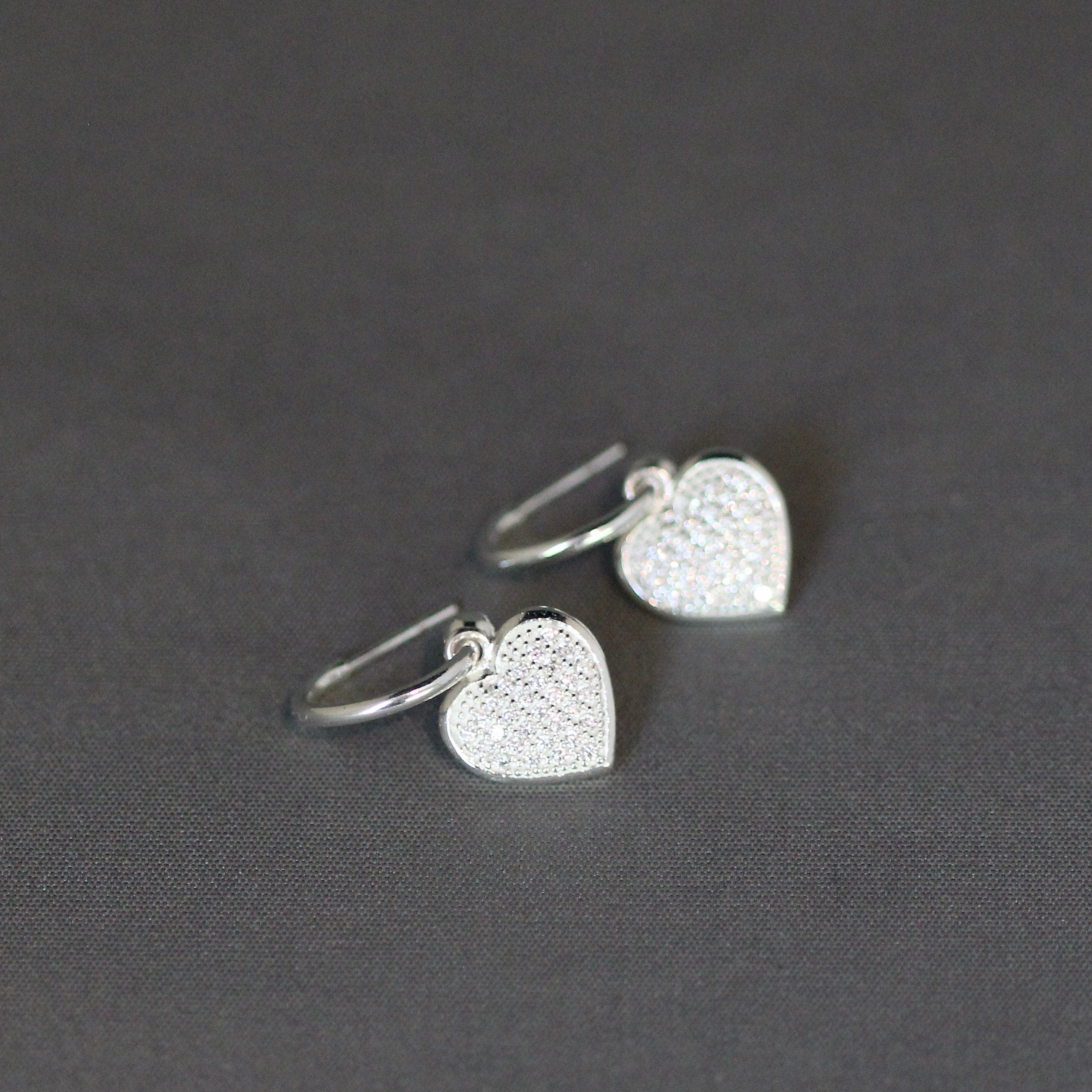 Cubic Zirconia Pave Heart Charm Earrings on Sterling Silver Post Hoops
