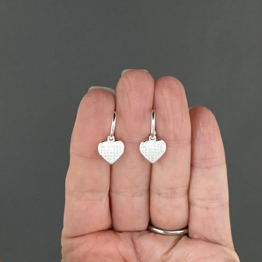 Cubic Zirconia Pave Heart Charm Earrings on Sterling Silver Post Hoops