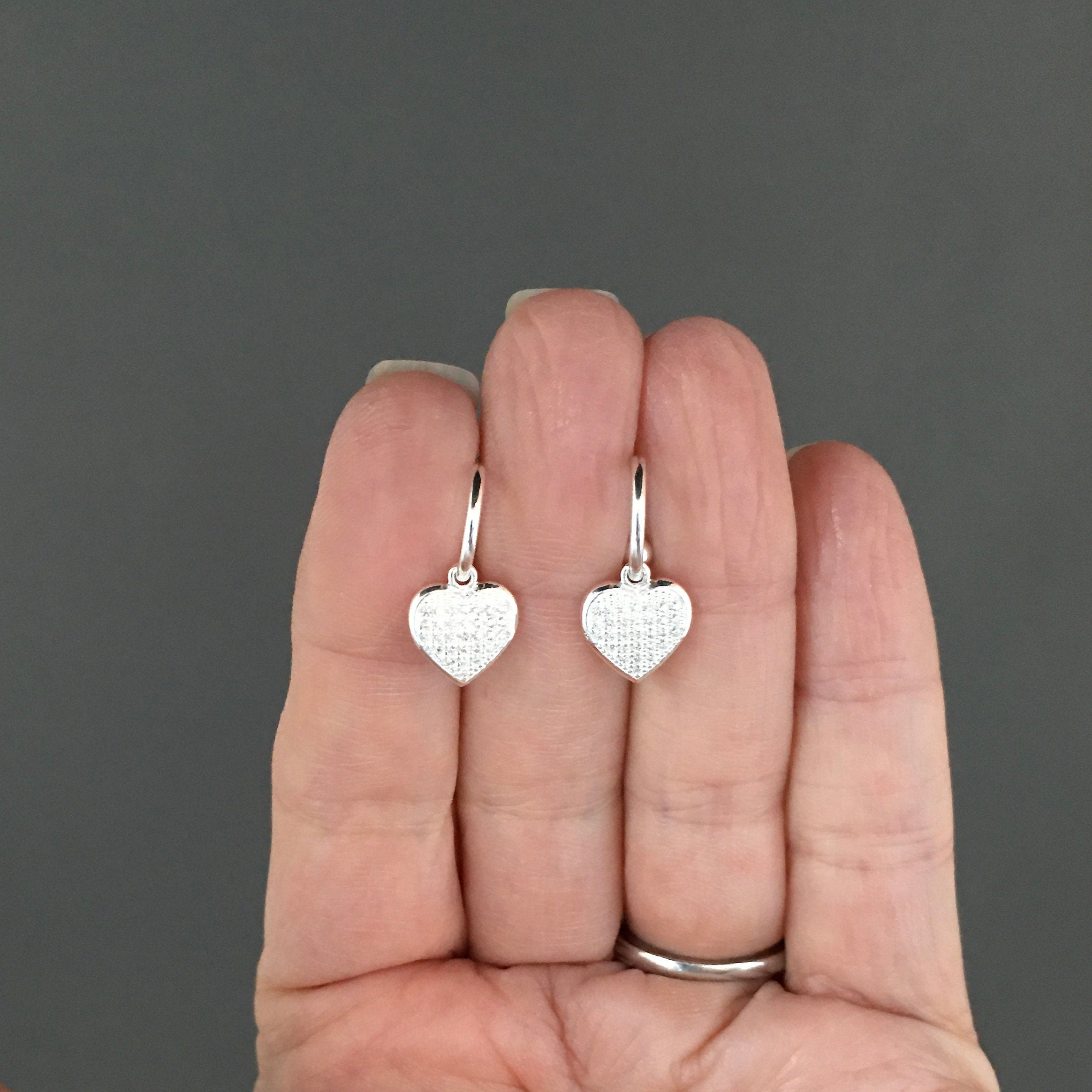 Cubic Zirconia Pave Heart Charm Earrings on Sterling Silver Post Hoops