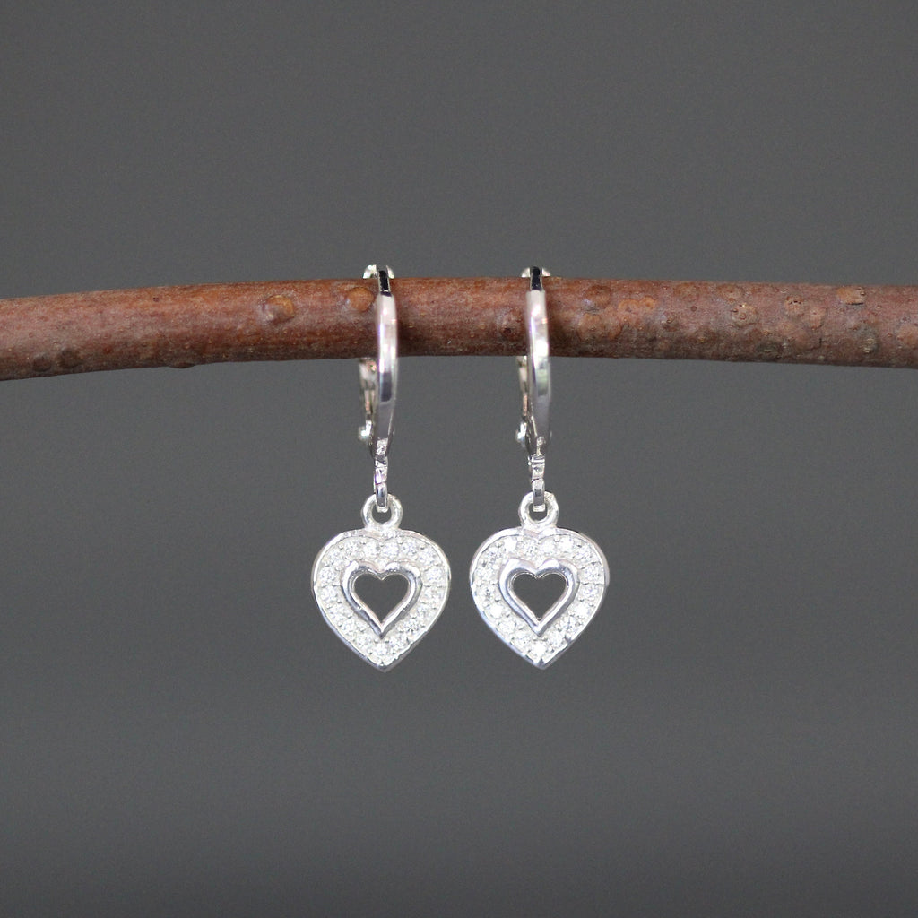 Cubic Zirconia Pave Heart Charm Earrings on Sterling Silver Huggie Hoops