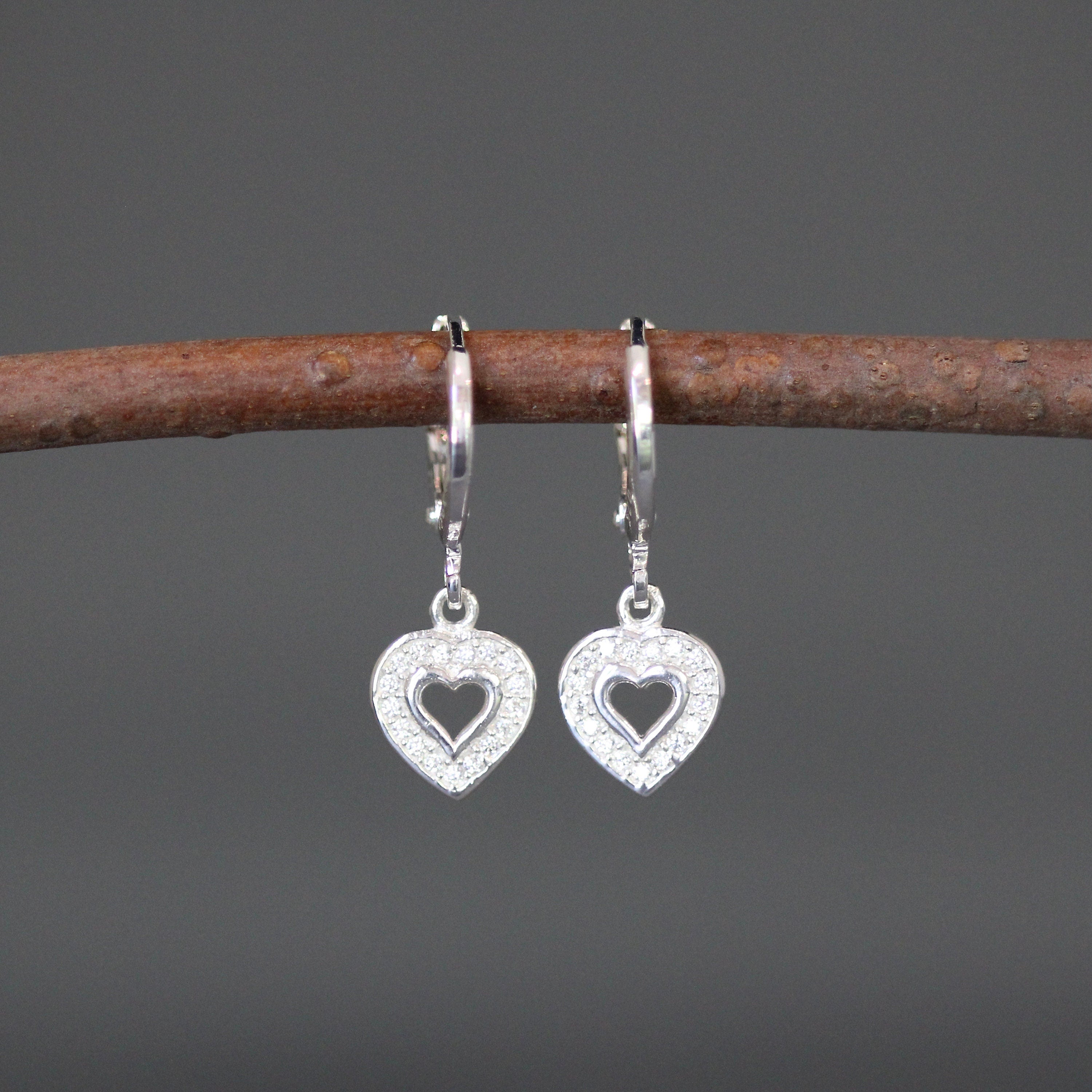 Cubic Zirconia Pave Heart Charm Earrings on Sterling Silver Huggie Hoops