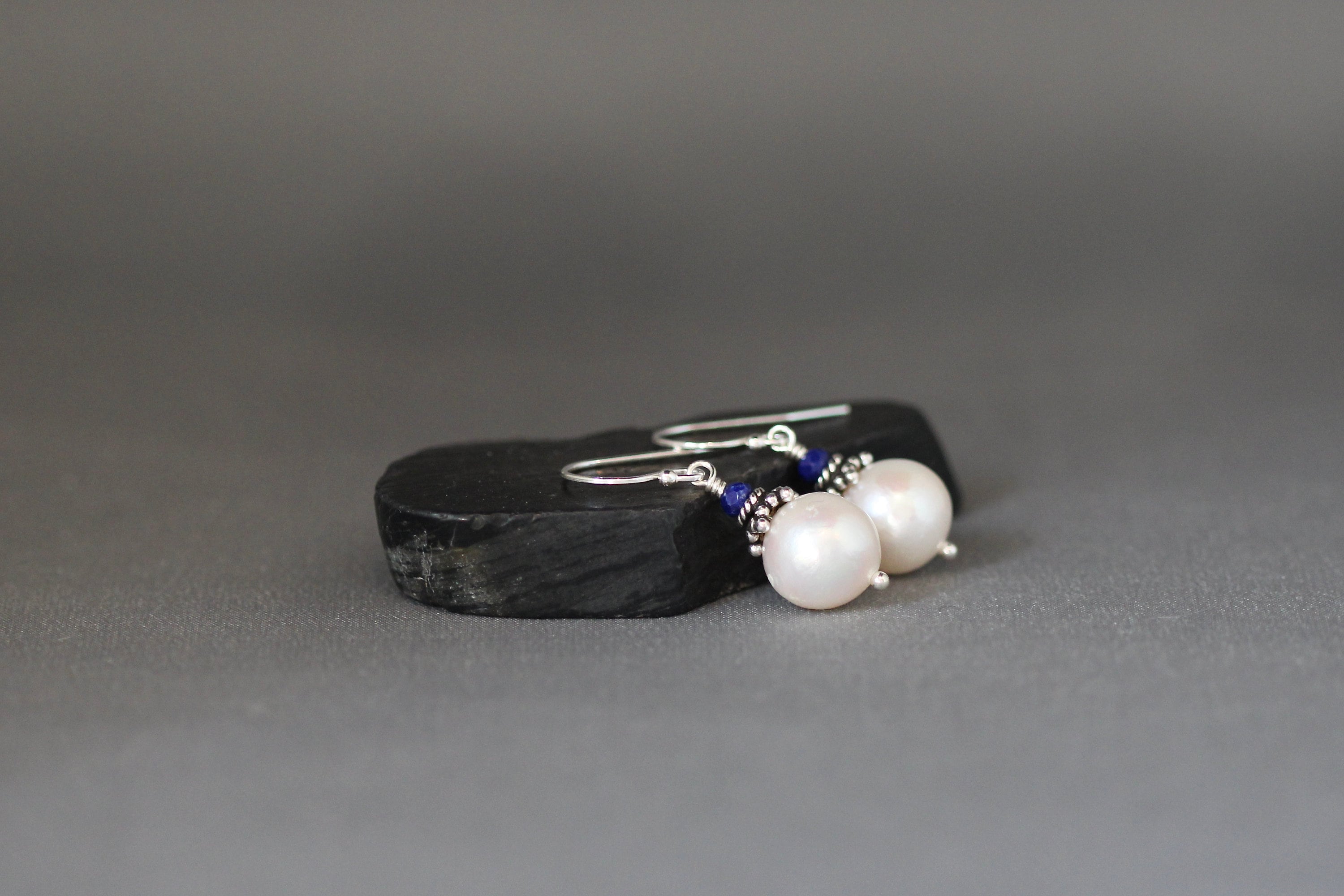 Akoya Pearl and Blue Lapis Dangle Earrings with Bali Silver Caps
