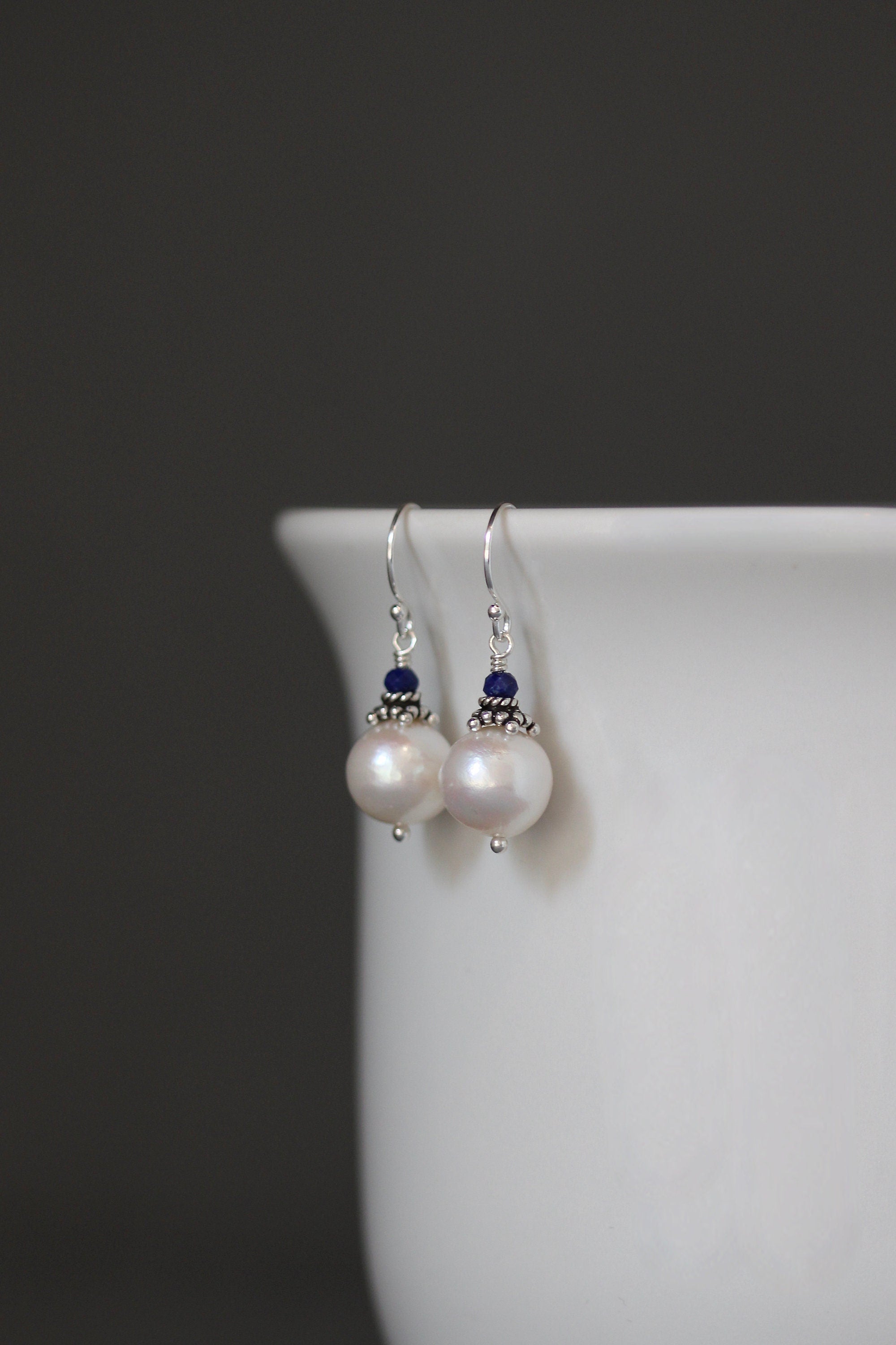 Akoya Pearl and Blue Lapis Dangle Earrings with Bali Silver Caps