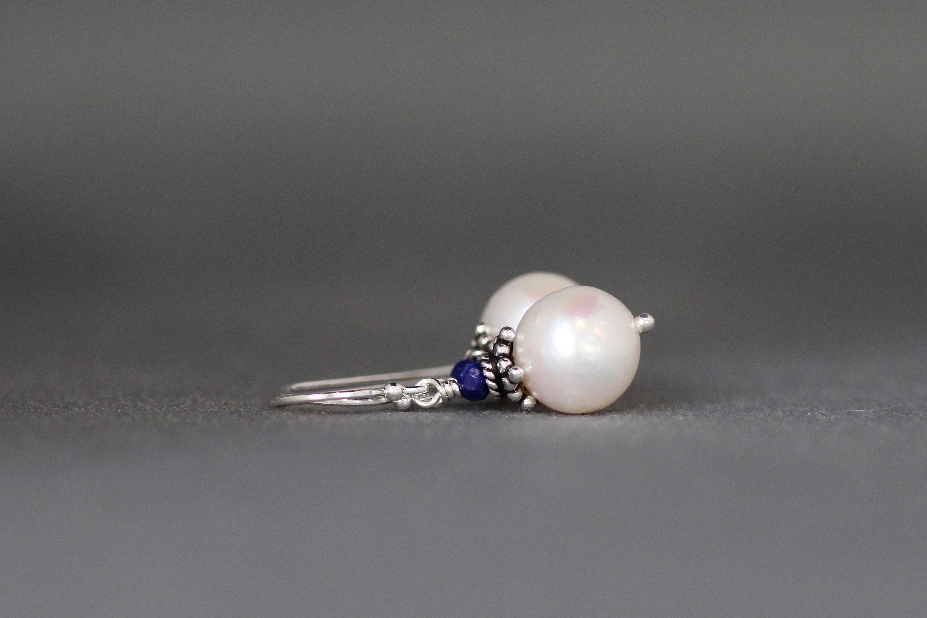 Akoya Pearl and Blue Lapis Dangle Earrings with Bali Silver Caps
