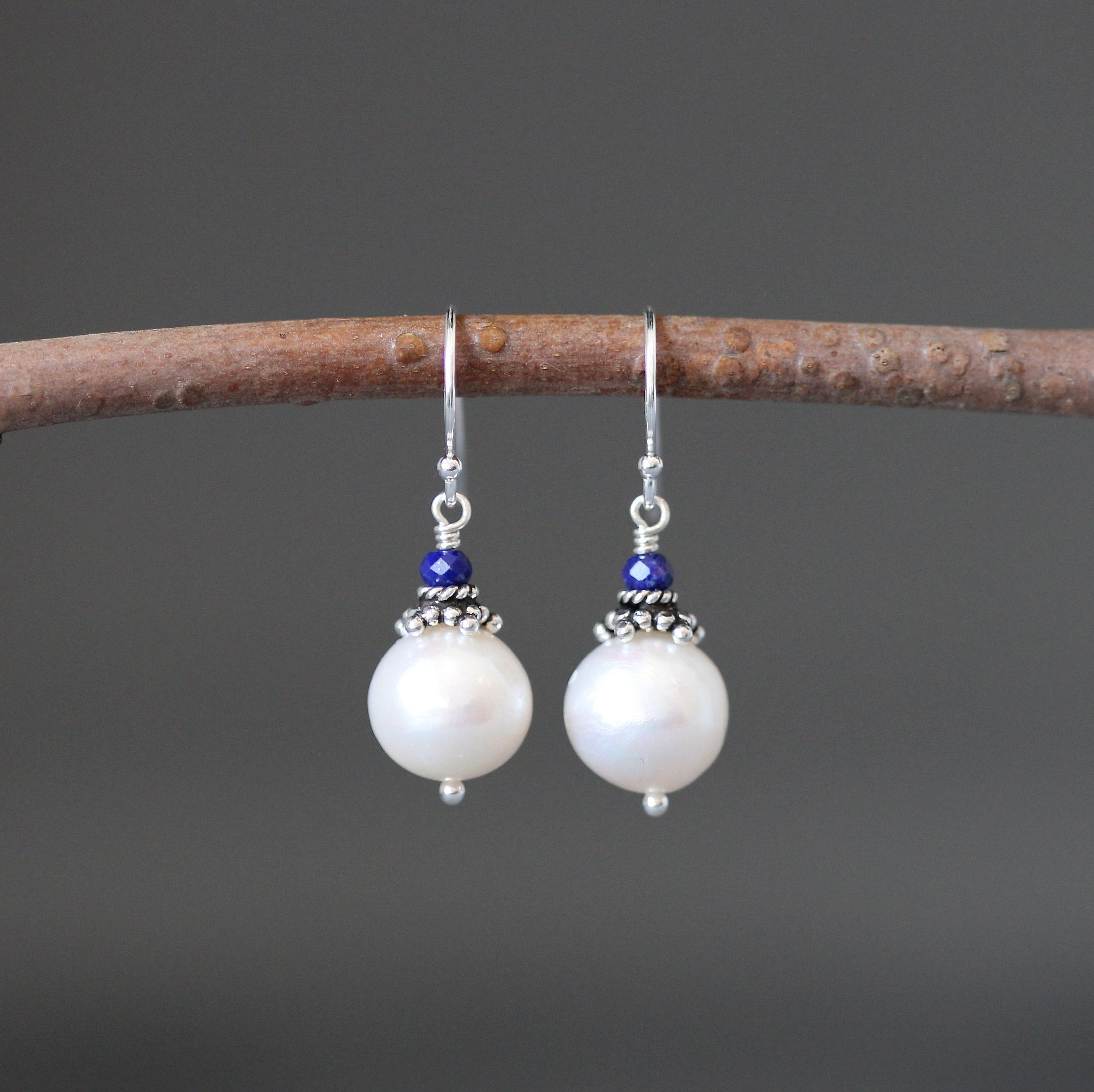 Akoya Pearl and Blue Lapis Dangle Earrings with Bali Silver Caps