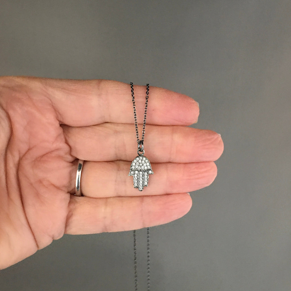 Oxidized Sterling Silver Hamsa Hand Pendant Necklace with White Topaz Pave