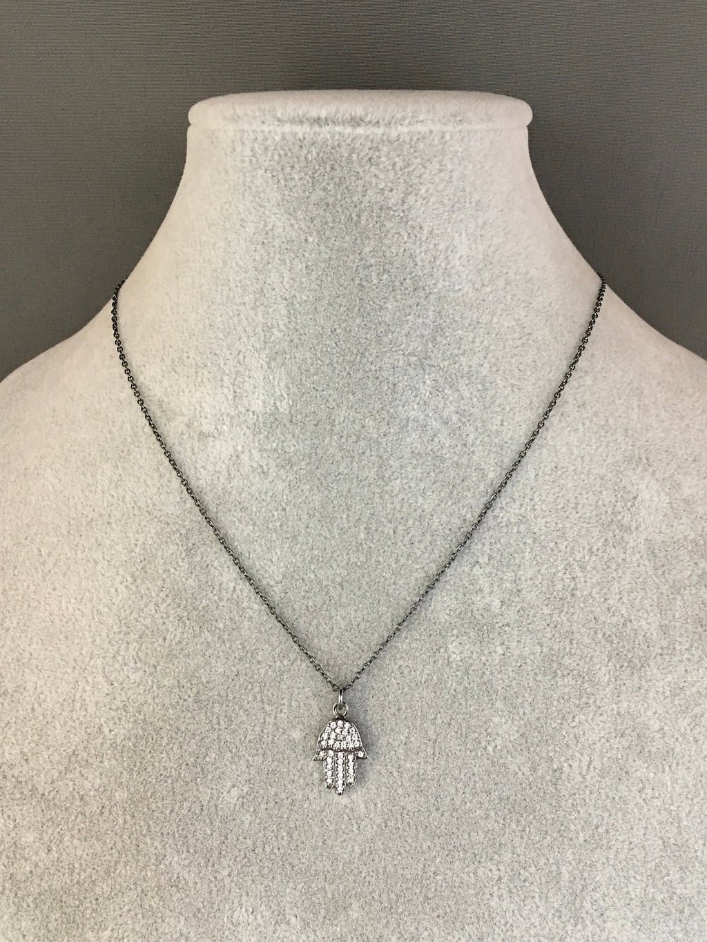Oxidized Sterling Silver Hamsa Hand Pendant Necklace with White Topaz Pave
