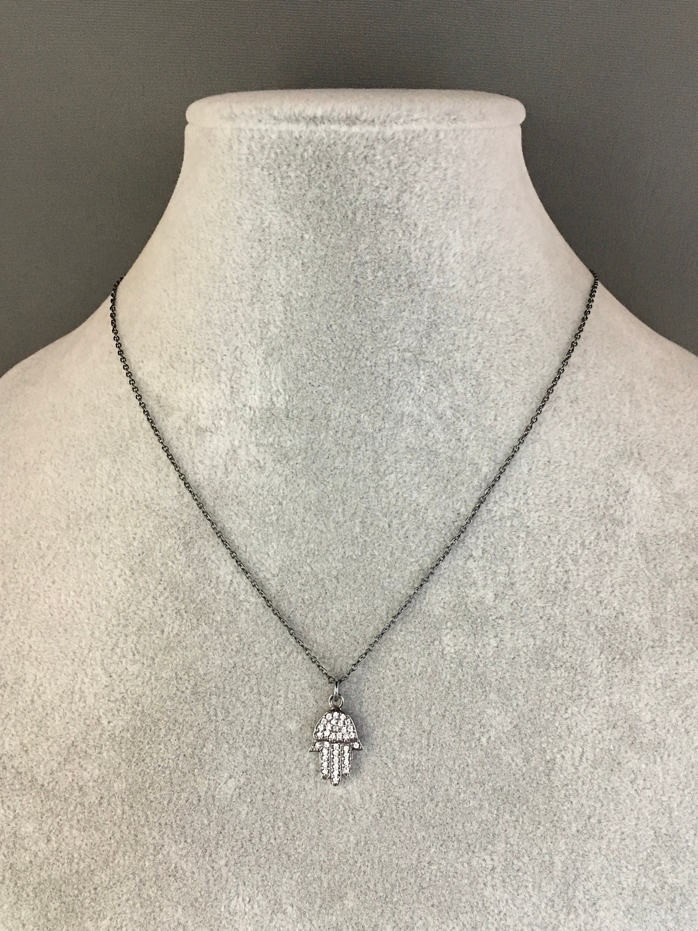 Oxidized Sterling Silver Hamsa Hand Pendant Necklace with White Topaz Pave