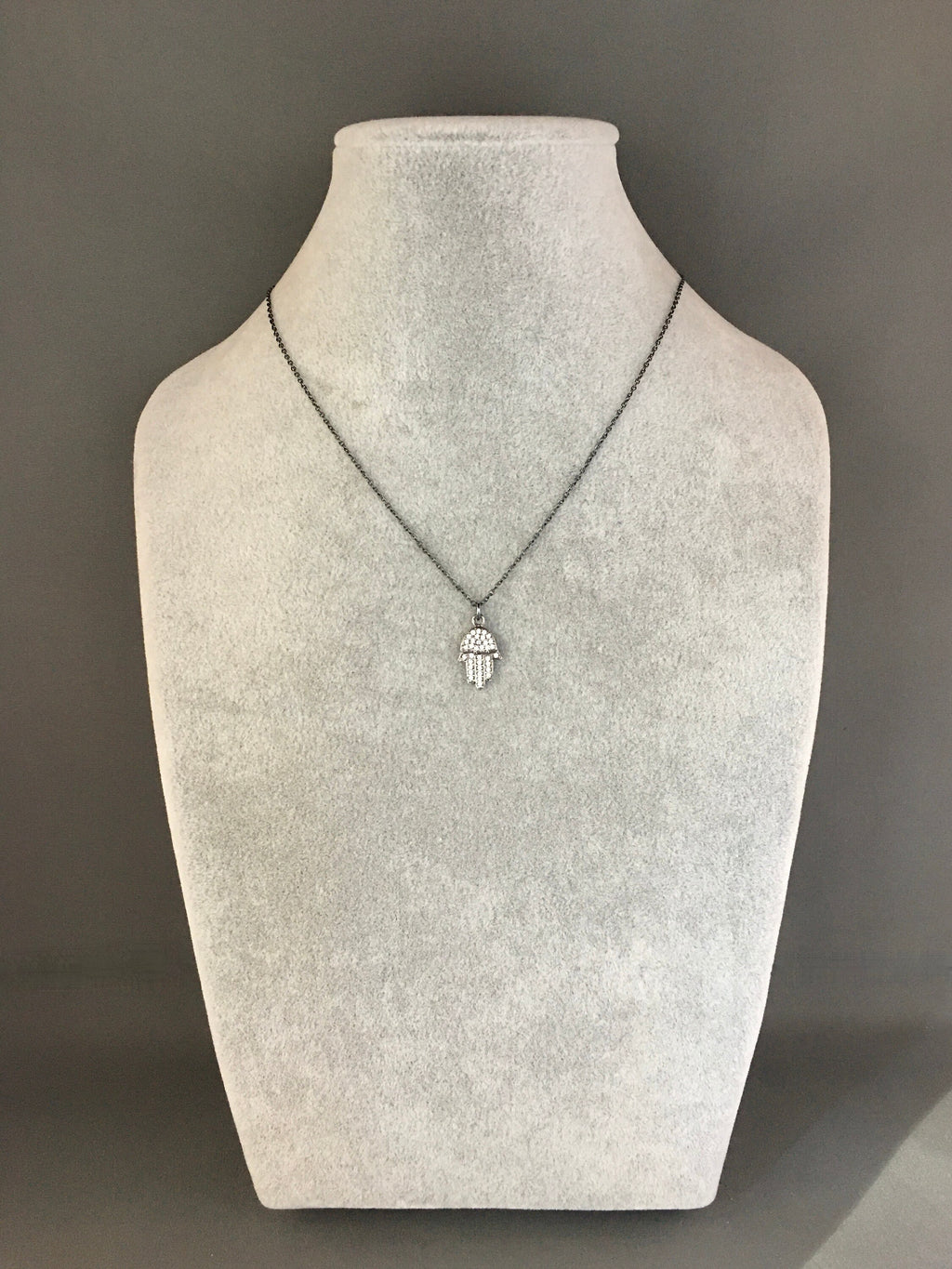 Oxidized Sterling Silver Hamsa Hand Pendant Necklace with White Topaz Pave