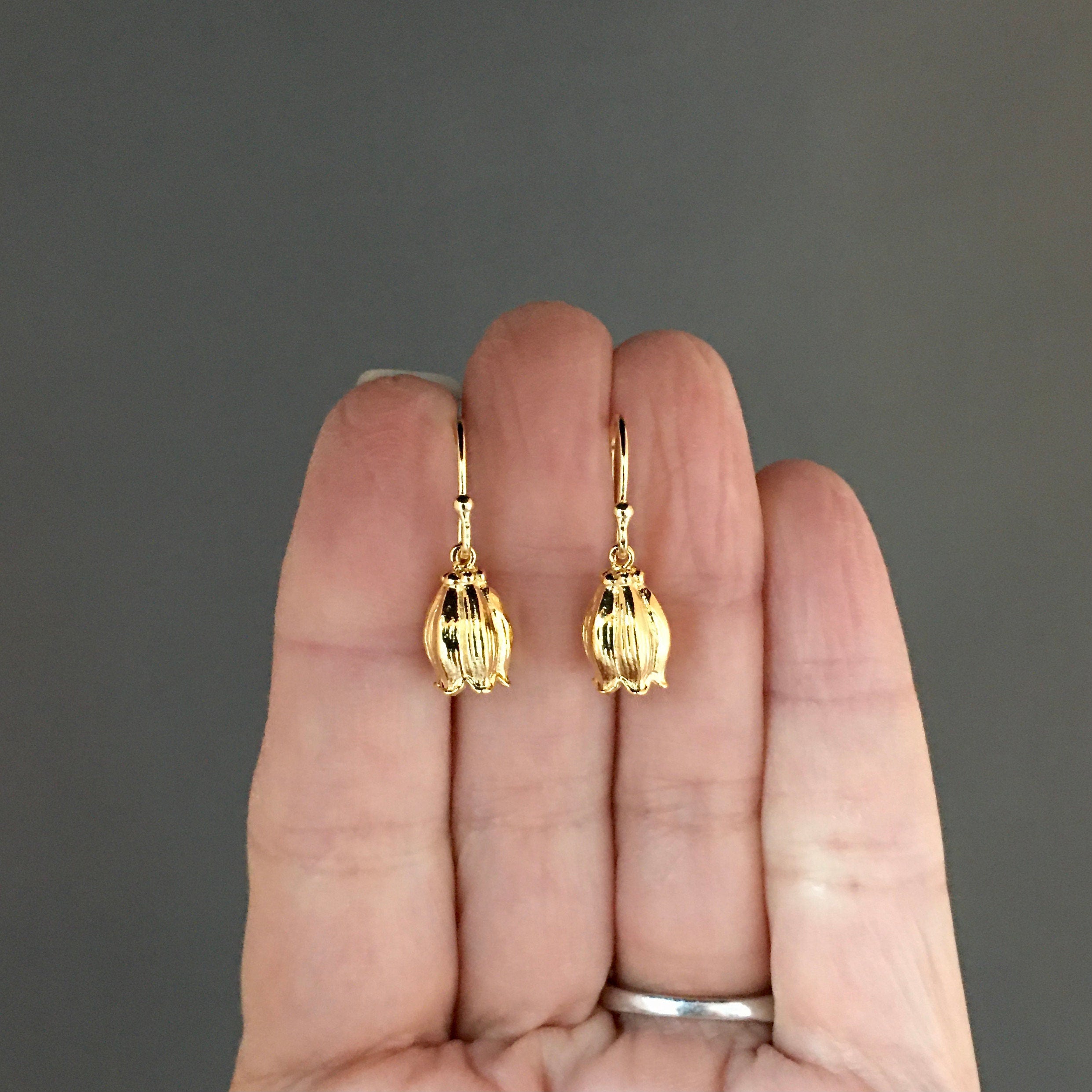 Gold Vermeil Rosebud Flower Charm Dangle Earrings