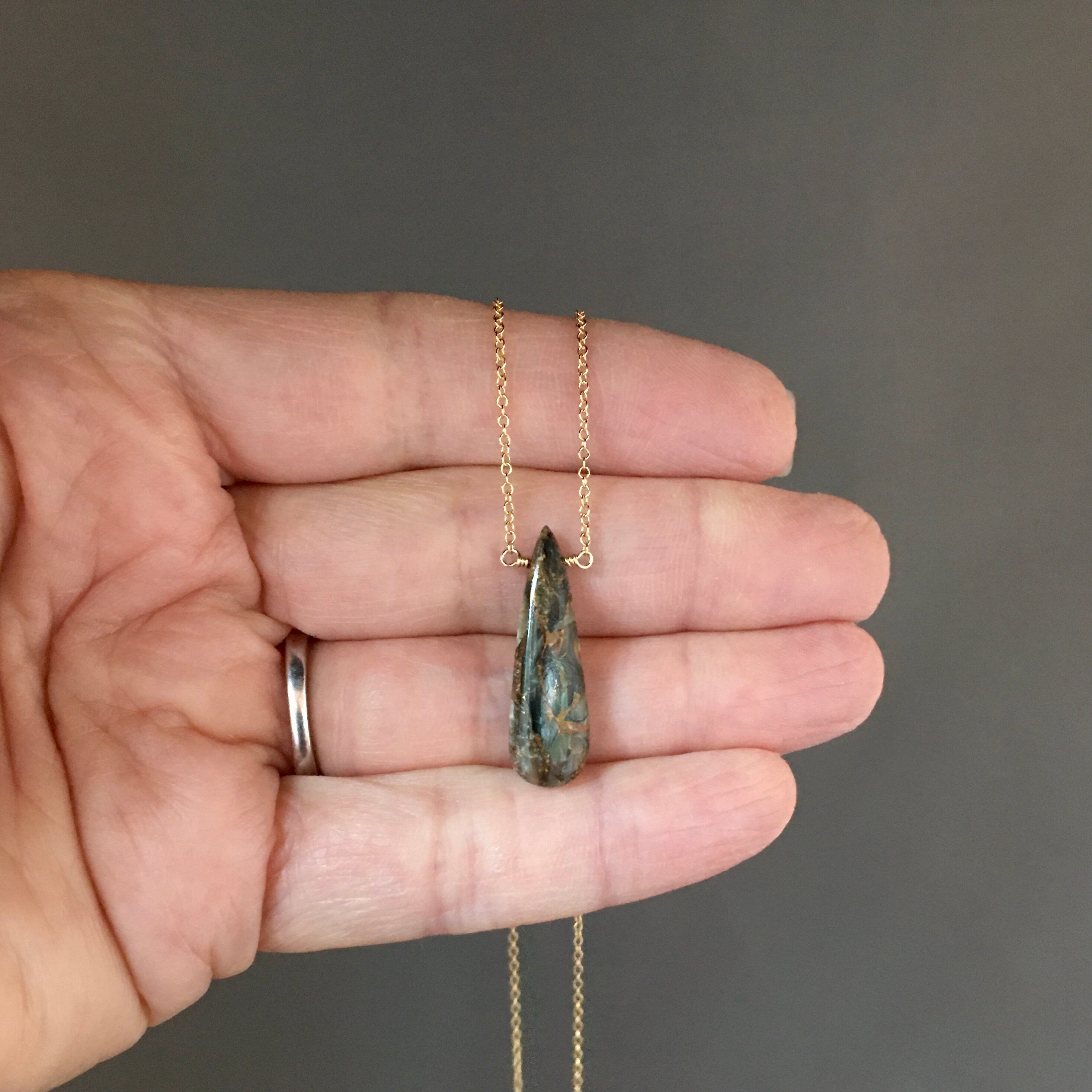 Bronze Abalone Teardrop Pendant Necklace on Gold Chain