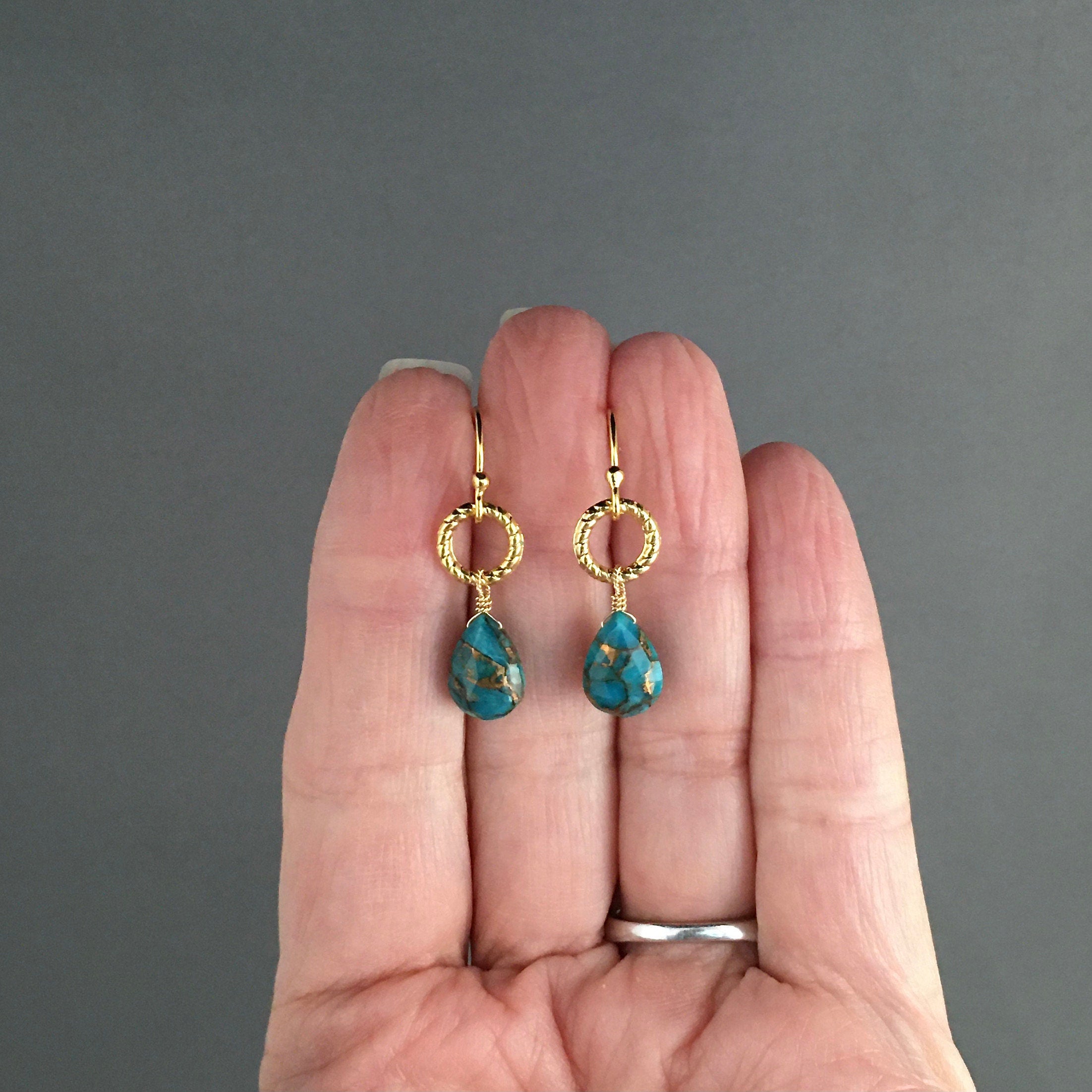 Blue Copper Turquoise Teardrop Earrings on Gold Vermeil Links