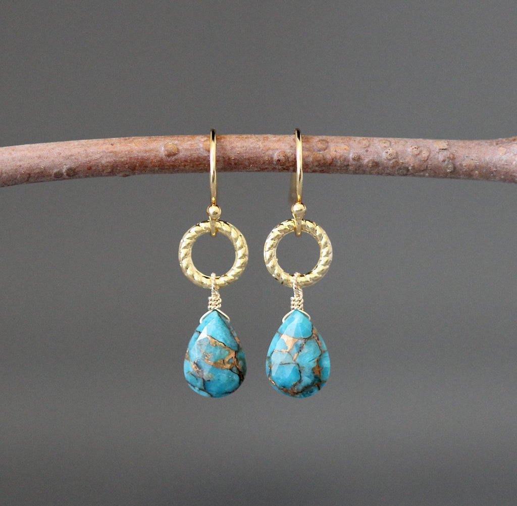 Blue Copper Turquoise Teardrop Earrings on Gold Vermeil Links