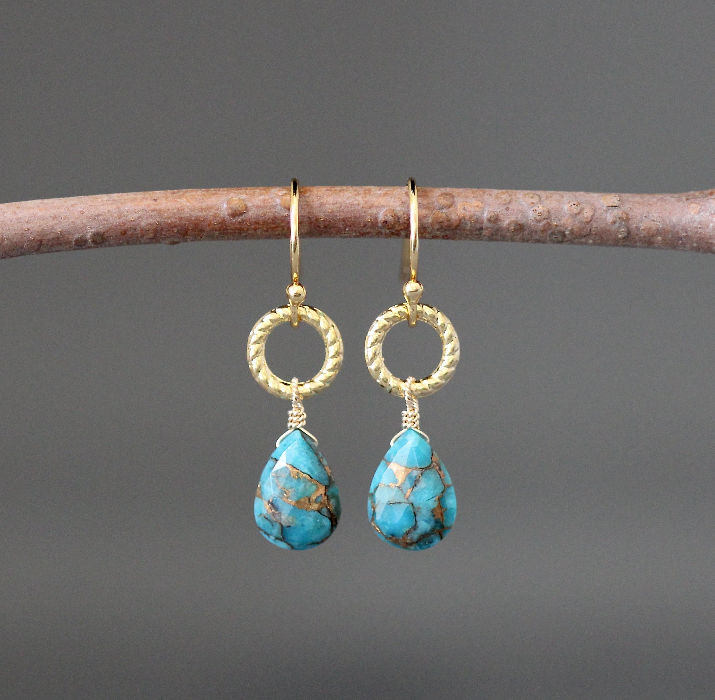 Blue Copper Turquoise Teardrop Earrings on Gold Vermeil Links