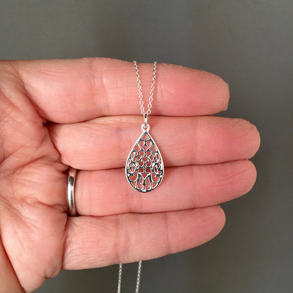 Sterling Silver Filigree Teardrop Pendant Necklace