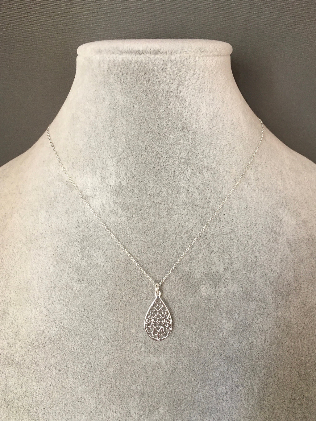 Sterling Silver Filigree Teardrop Pendant Necklace