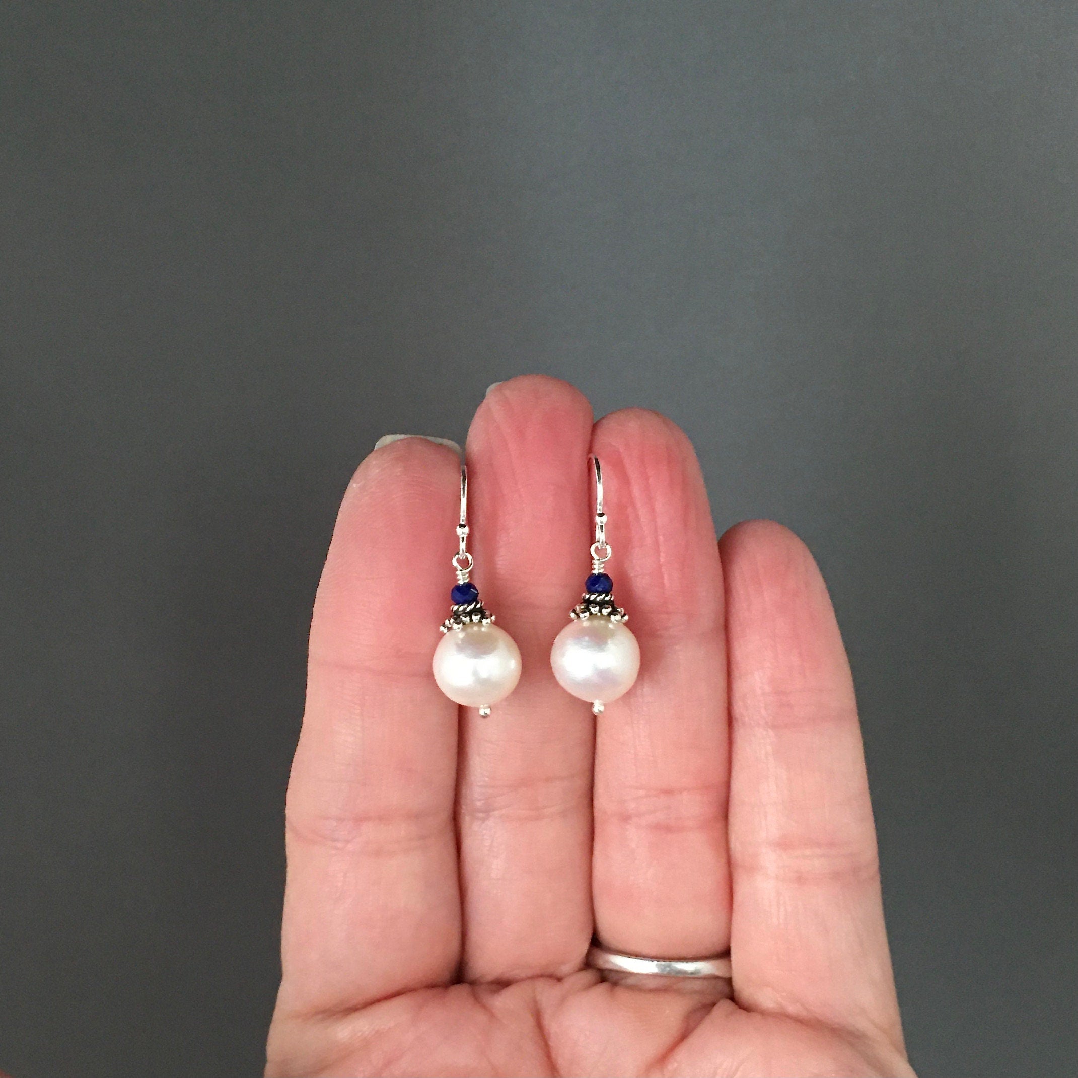 Akoya Pearl and Blue Lapis Dangle Earrings with Bali Silver Caps