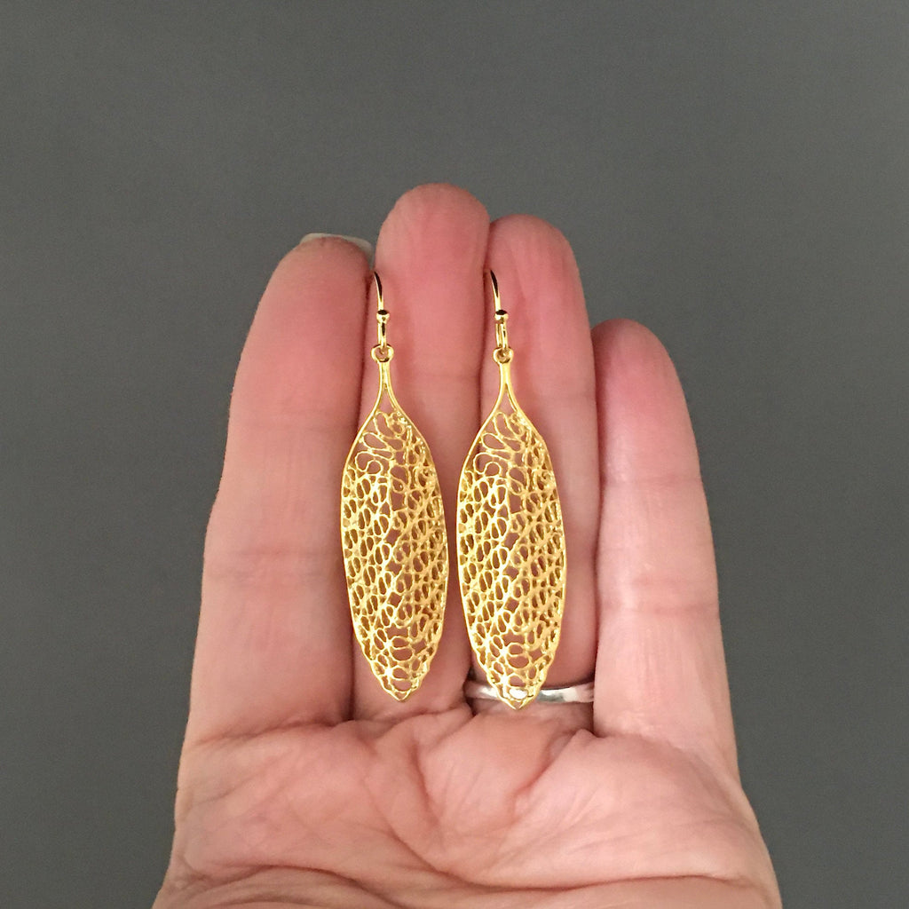 Long Matte Gold Vermeil Filigree Statement Dangle Earrings