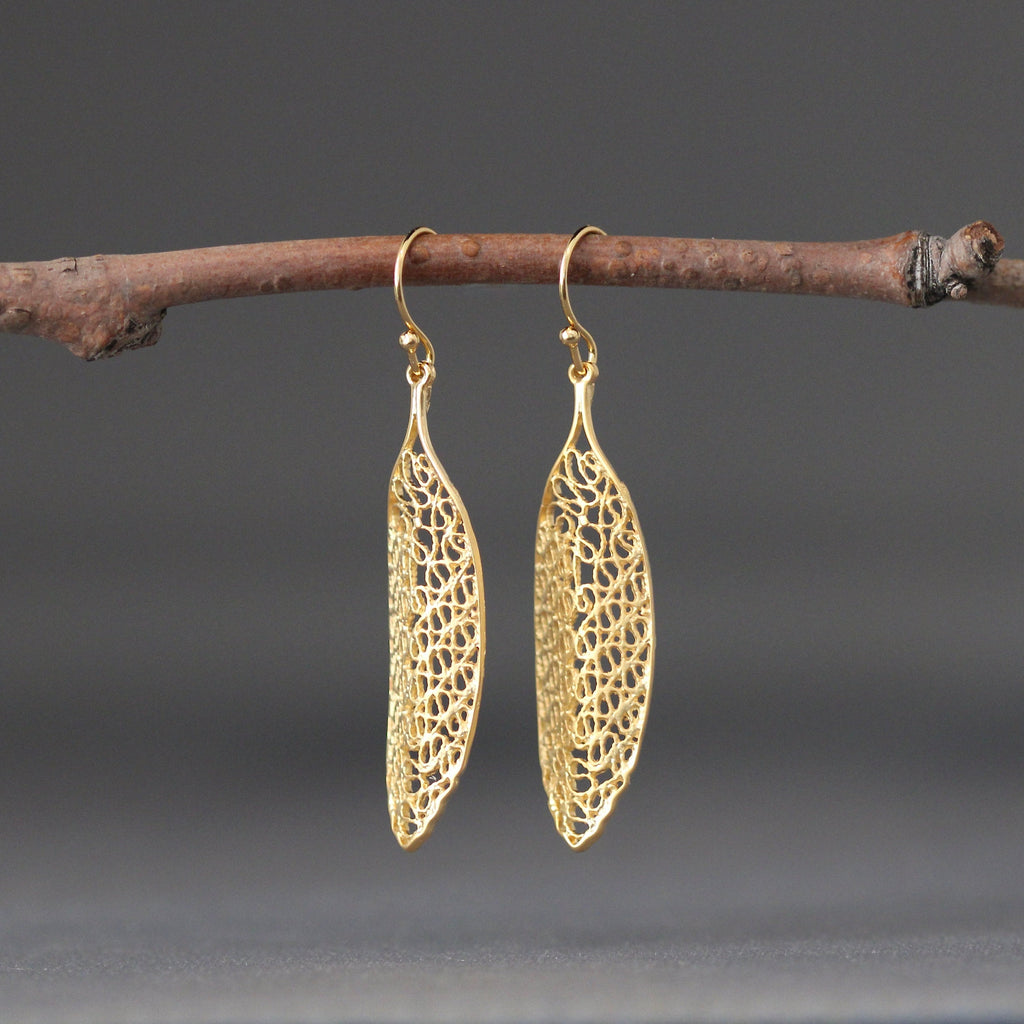 Long Matte Gold Vermeil Filigree Statement Dangle Earrings