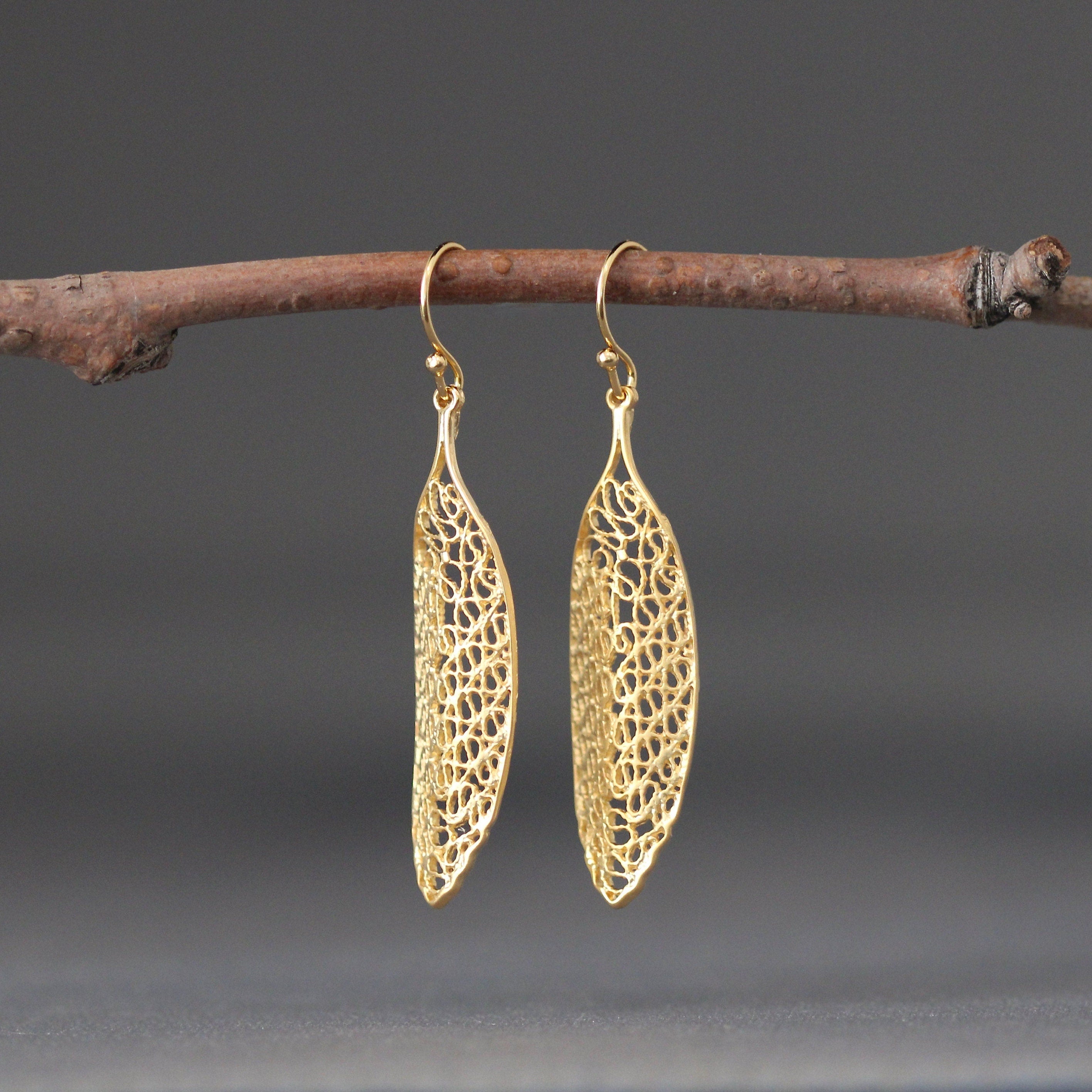 Long Matte Gold Vermeil Filigree Statement Dangle Earrings