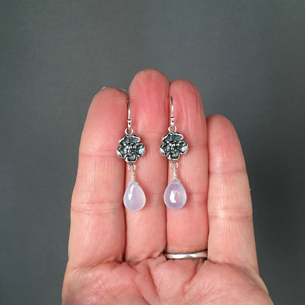 Blue Chalcedony Teardrop Earrings on Bali Silver Flower Links