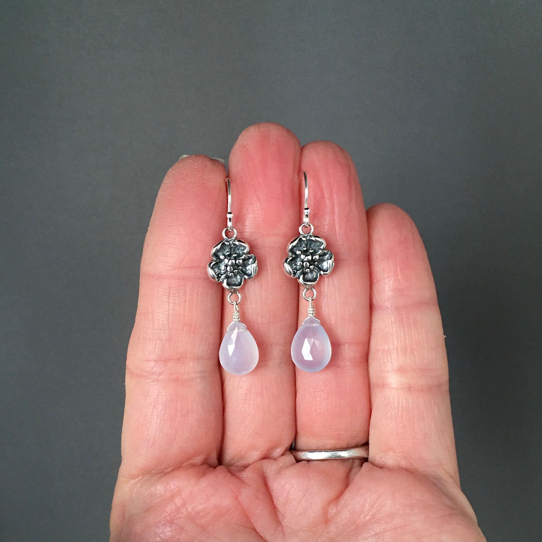 Blue Chalcedony Teardrop Earrings on Bali Silver Flower Links