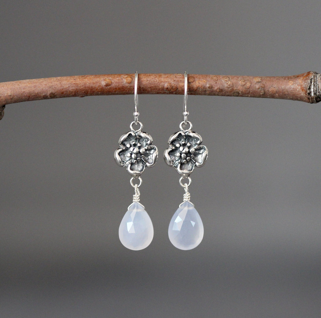 Blue Chalcedony Teardrop Earrings on Bali Silver Flower Links
