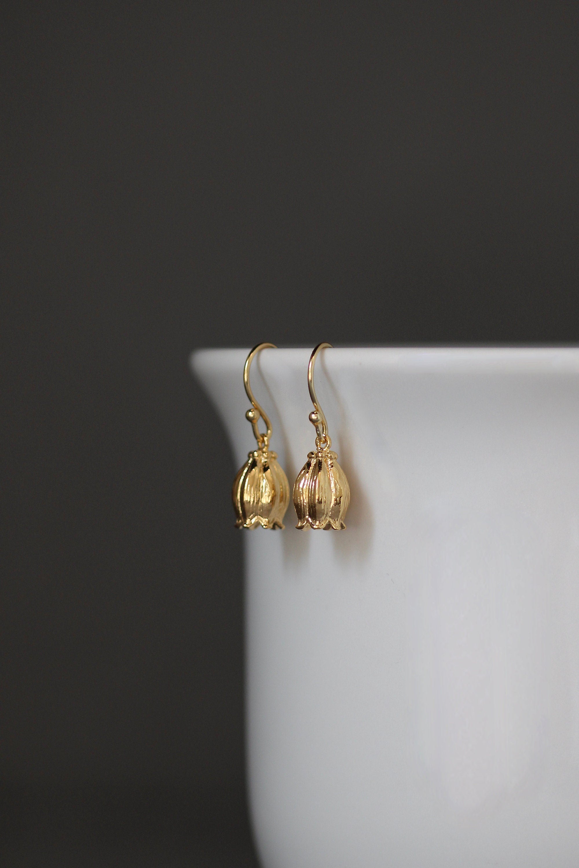 Gold Vermeil Rosebud Flower Charm Dangle Earrings