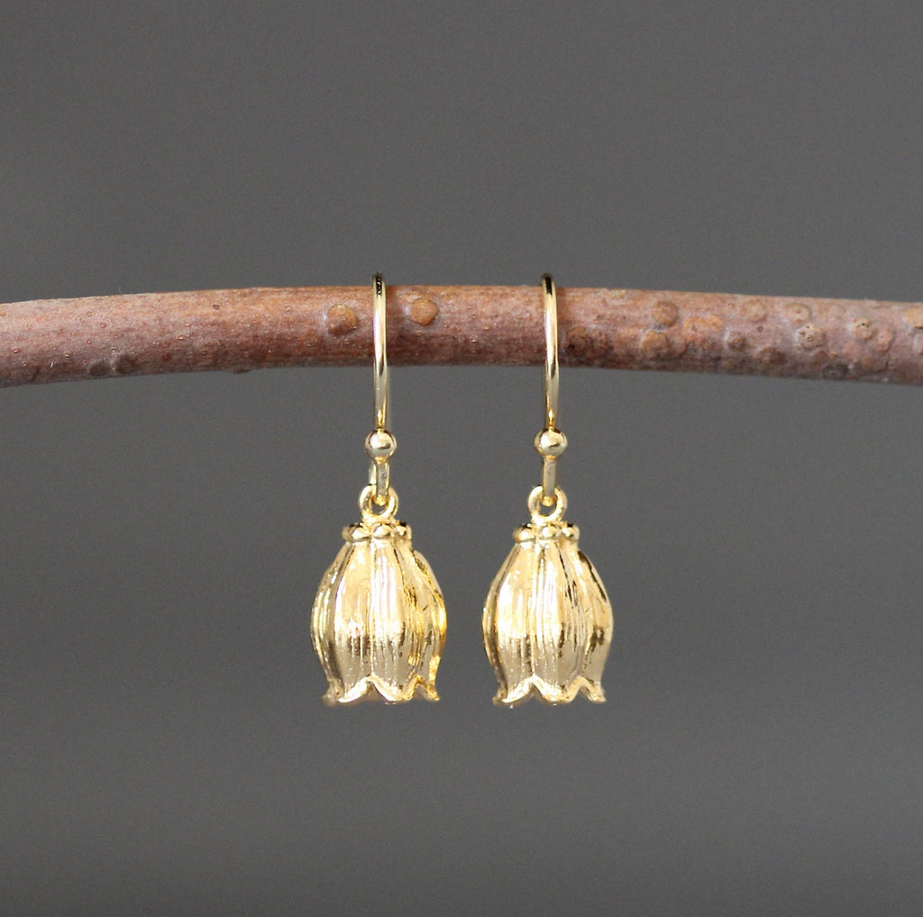 Gold Vermeil Rosebud Flower Charm Dangle Earrings