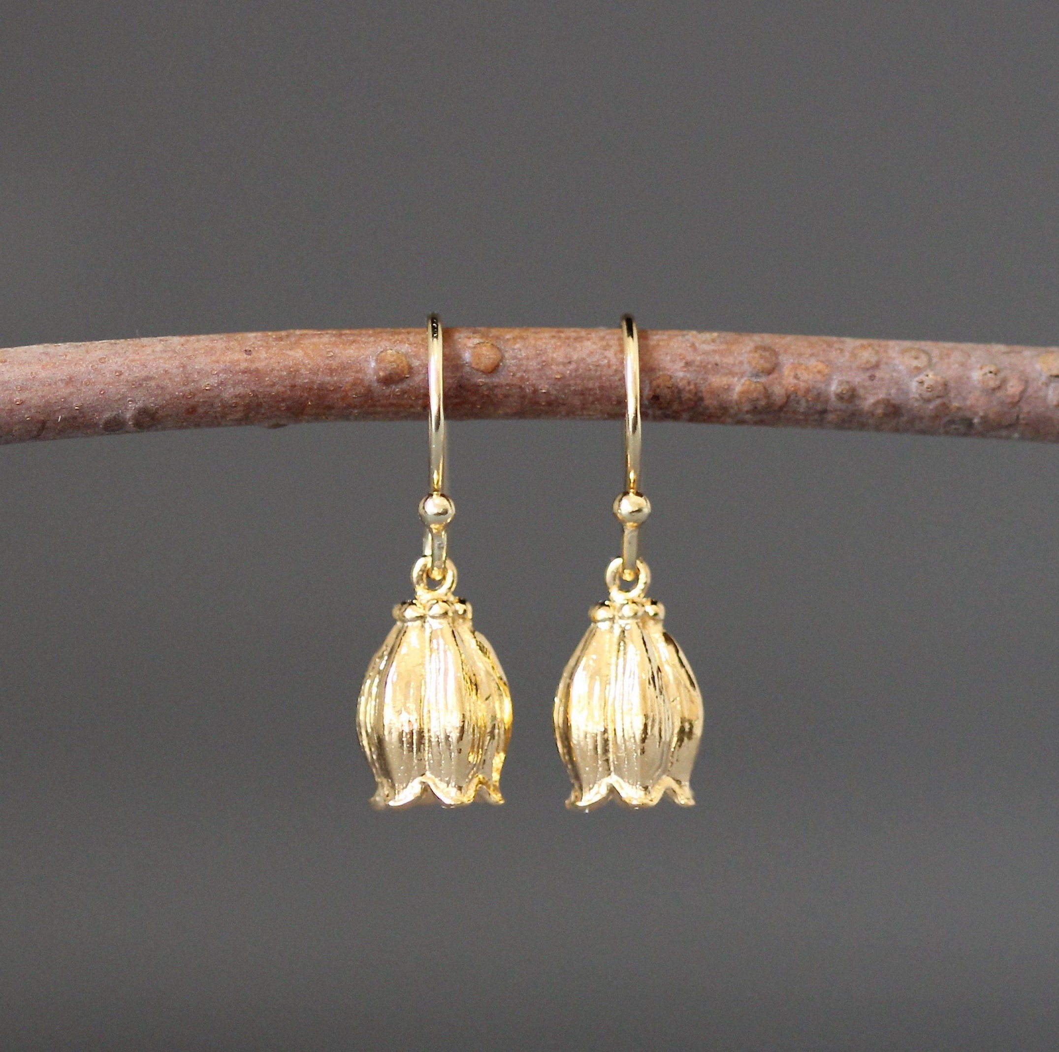 Gold Vermeil Rosebud Flower Charm Dangle Earrings