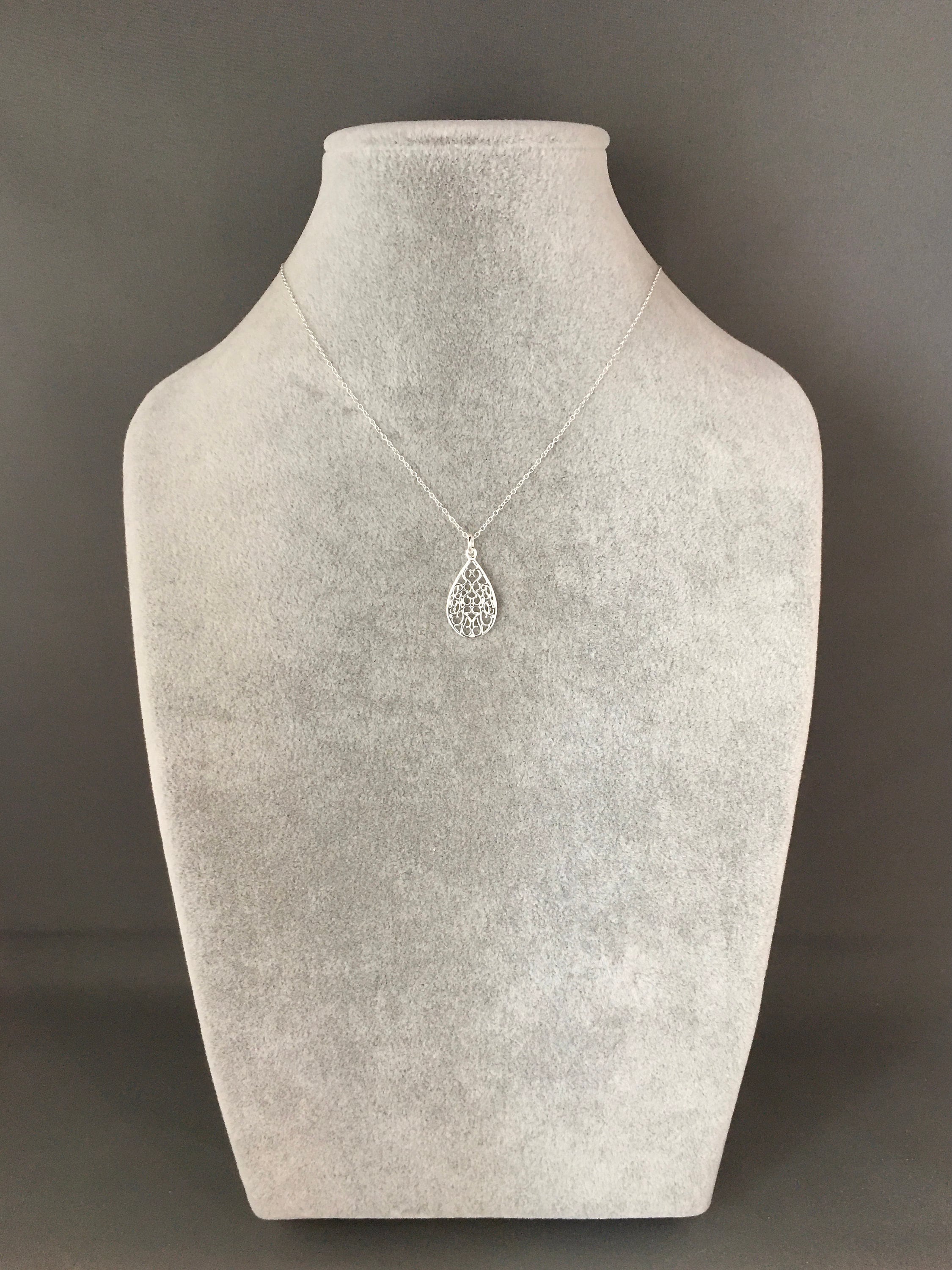 Sterling Silver Filigree Teardrop Pendant Necklace