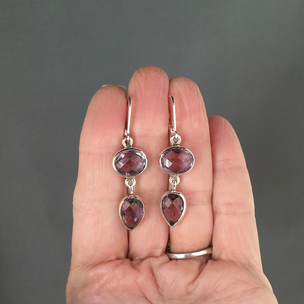 Amethyst Oval and Pear Bezel Dangle Earrings in Sterling Silver