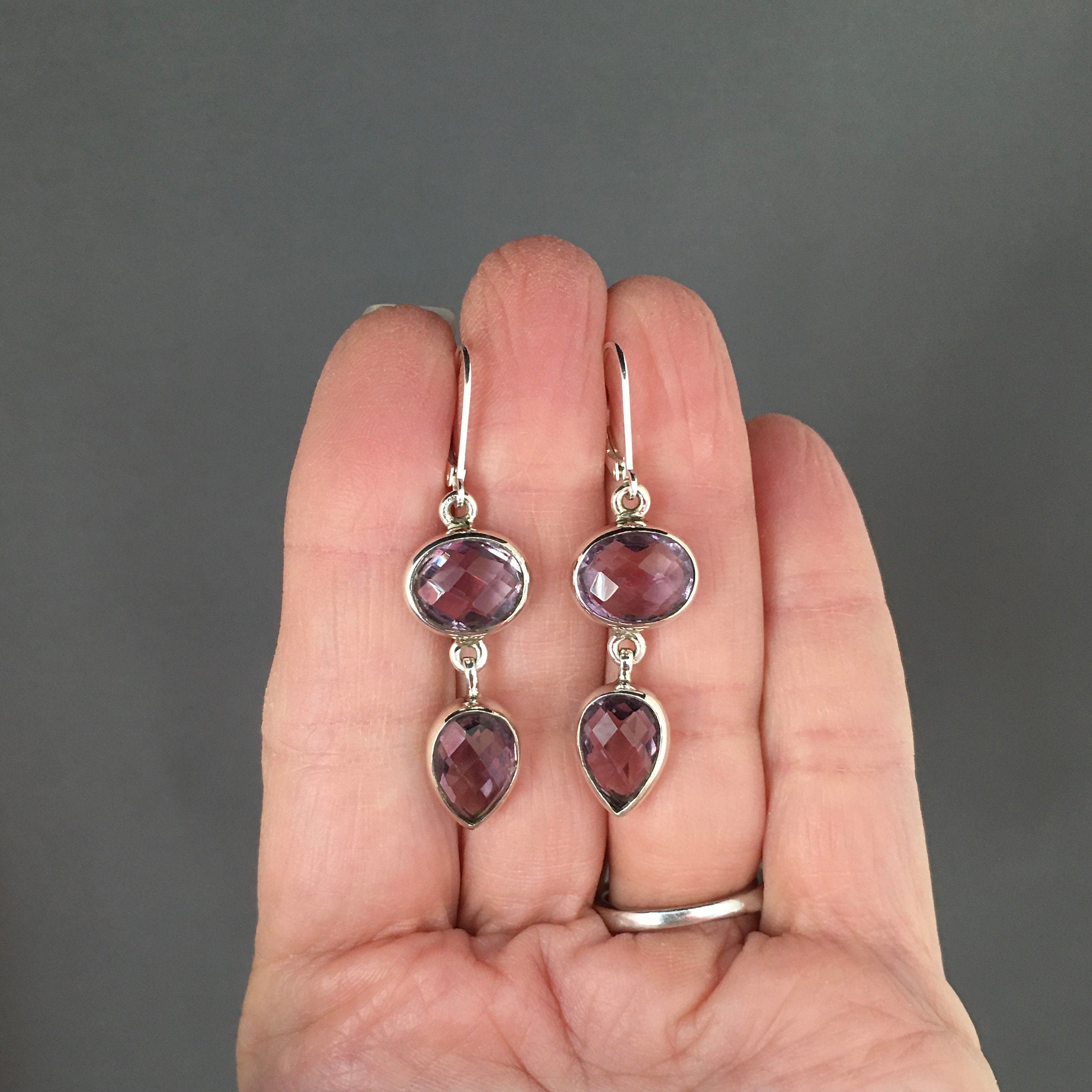 Amethyst Oval and Pear Bezel Dangle Earrings in Sterling Silver