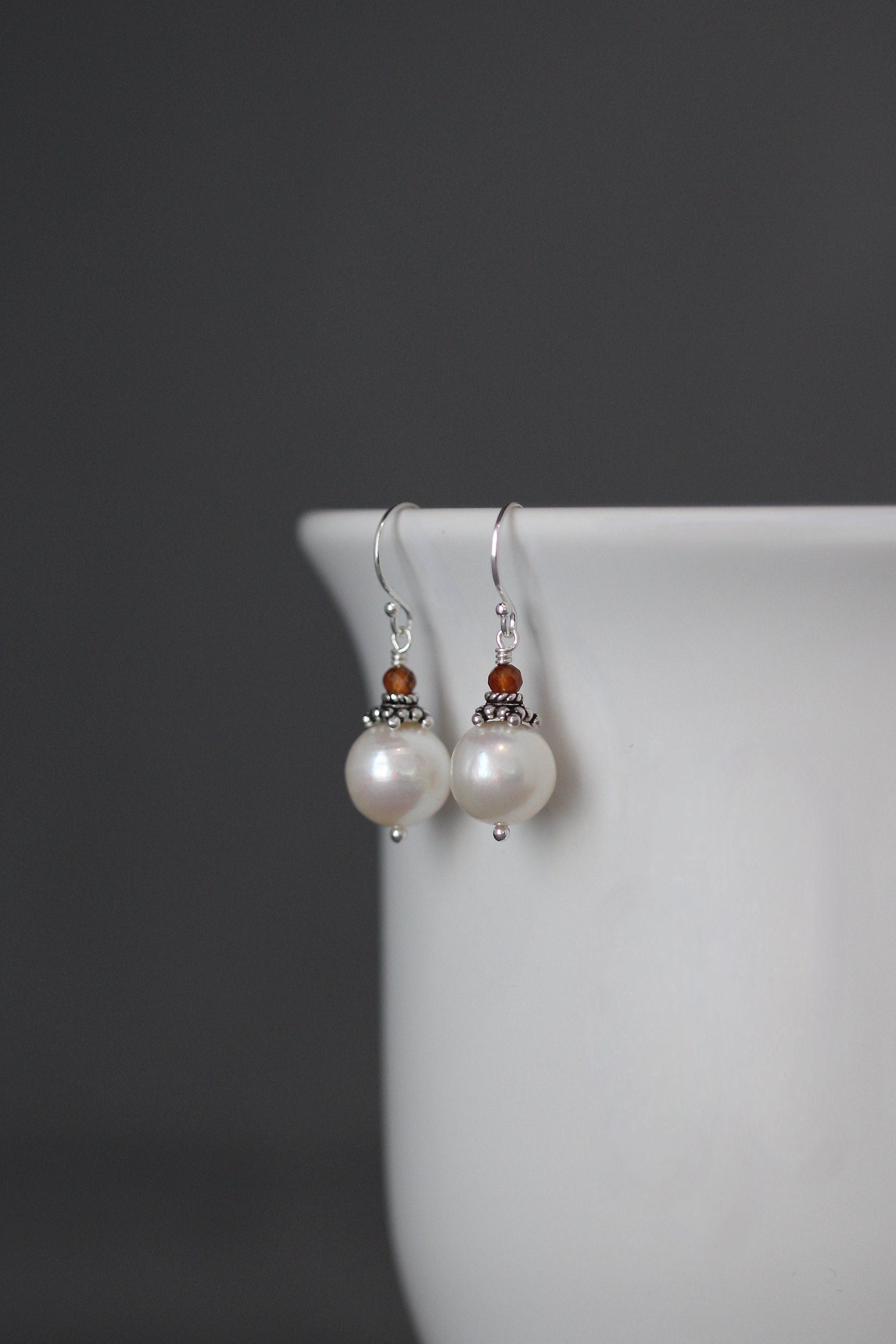Hessonite Garnet and Akoya Pearl Dangle Earrings with Bali Silver Caps
