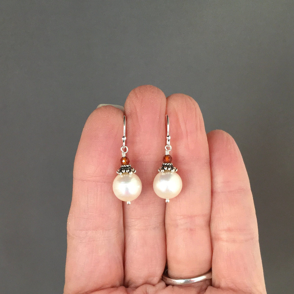Hessonite Garnet and Akoya Pearl Dangle Earrings with Bali Silver Caps