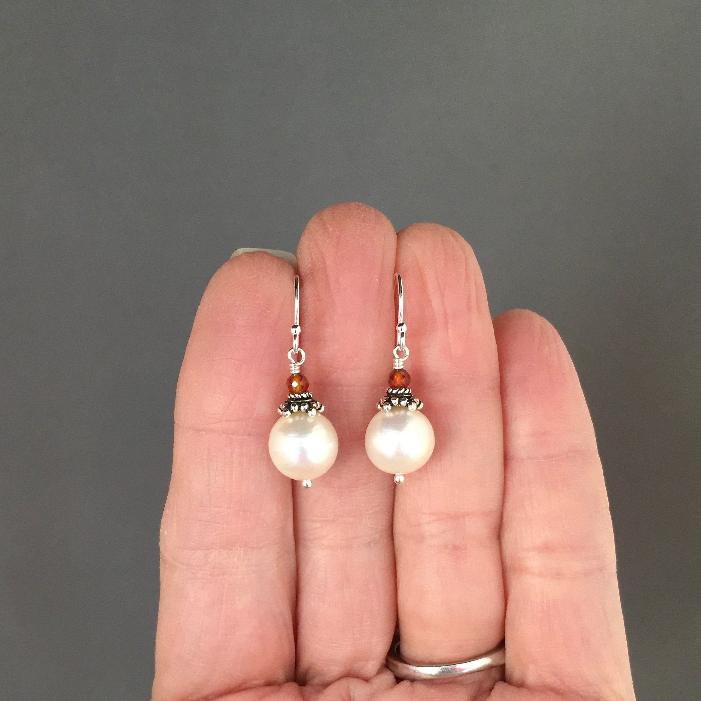 Hessonite Garnet and Akoya Pearl Dangle Earrings with Bali Silver Caps