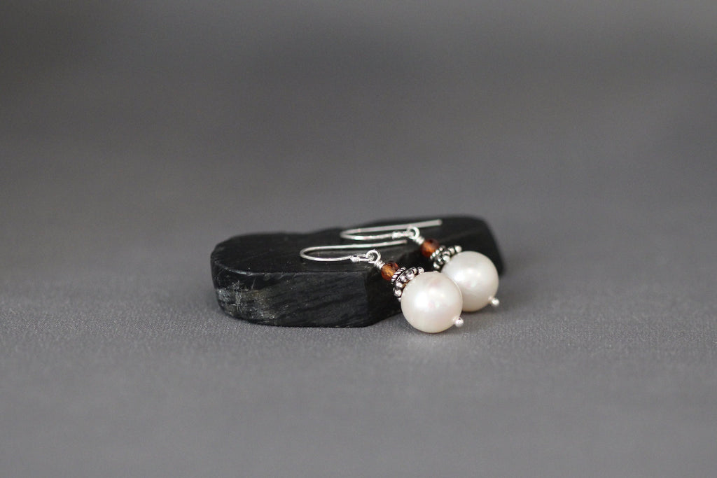 Hessonite Garnet and Akoya Pearl Dangle Earrings with Bali Silver Caps