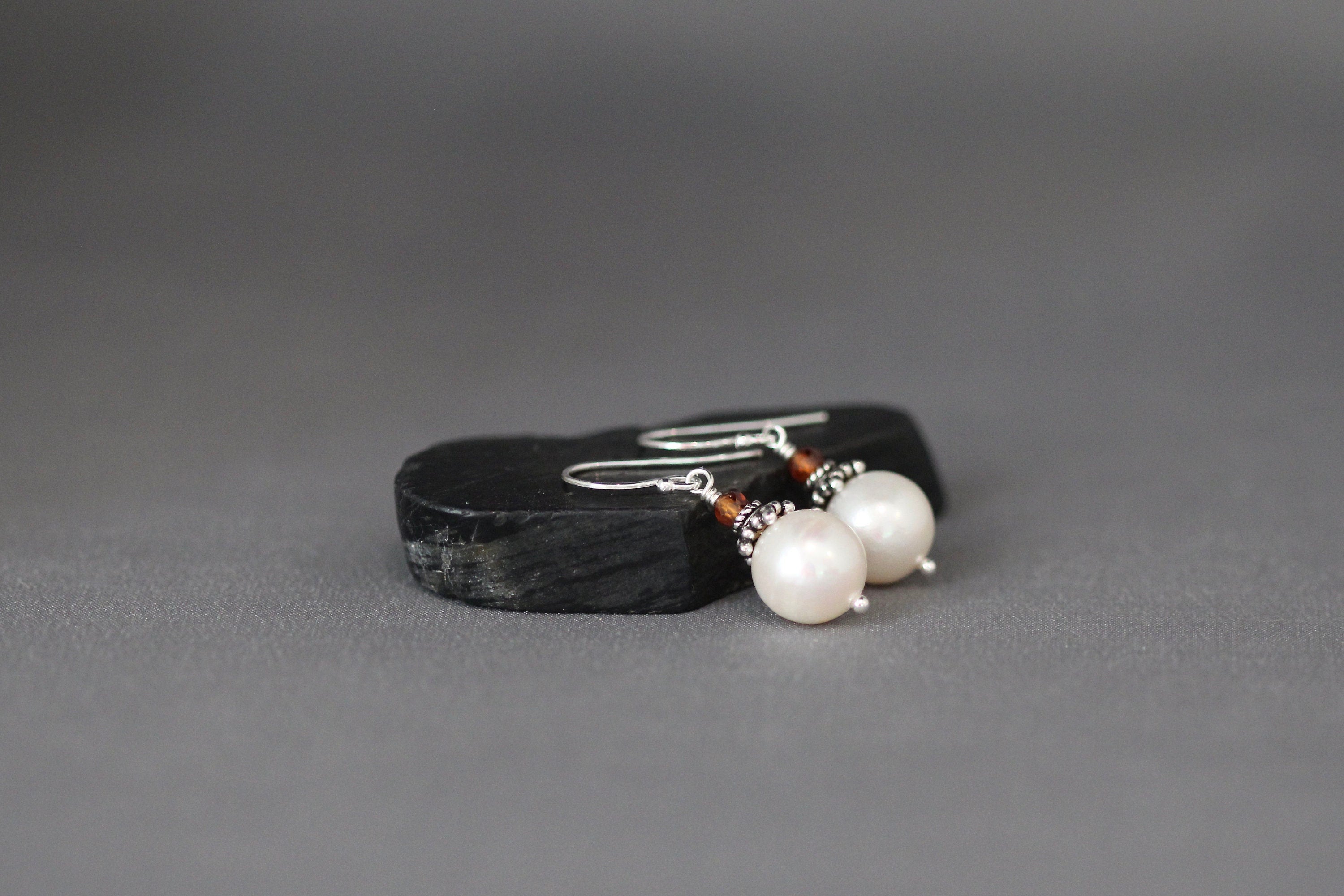 Hessonite Garnet and Akoya Pearl Dangle Earrings with Bali Silver Caps