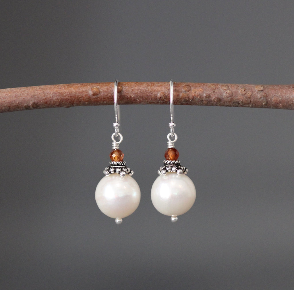 Hessonite Garnet and Akoya Pearl Dangle Earrings with Bali Silver Caps