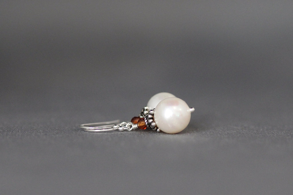 Hessonite Garnet and Akoya Pearl Dangle Earrings with Bali Silver Caps