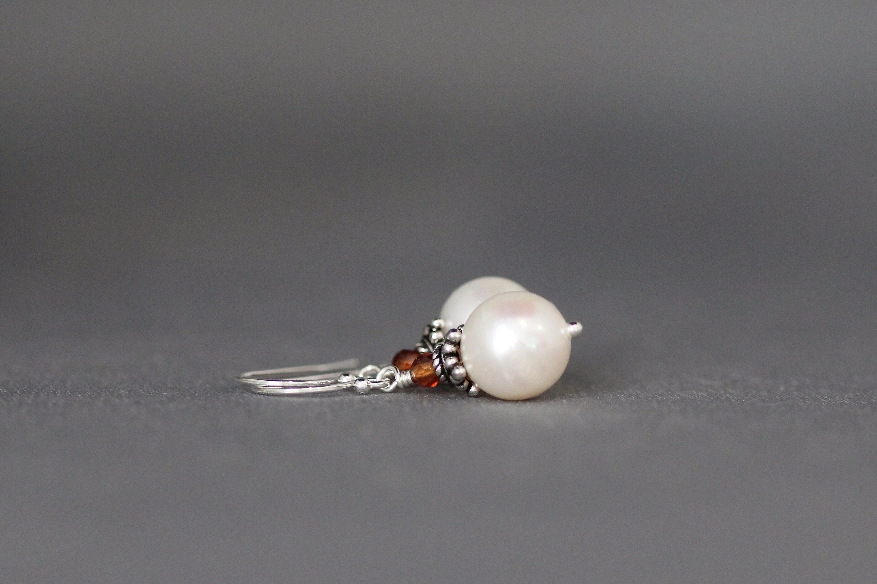 Hessonite Garnet and Akoya Pearl Dangle Earrings with Bali Silver Caps