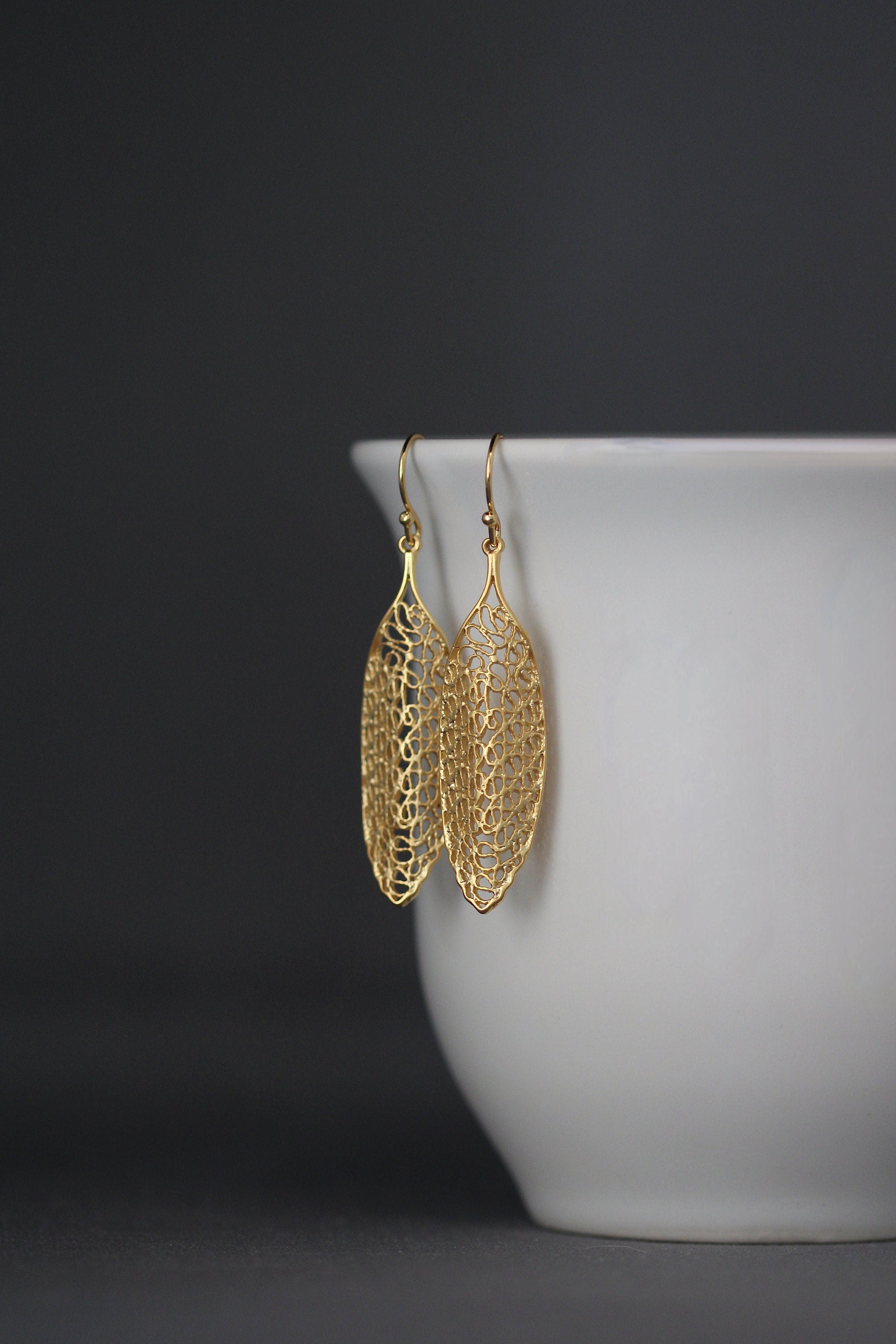 Long Matte Gold Vermeil Filigree Statement Dangle Earrings